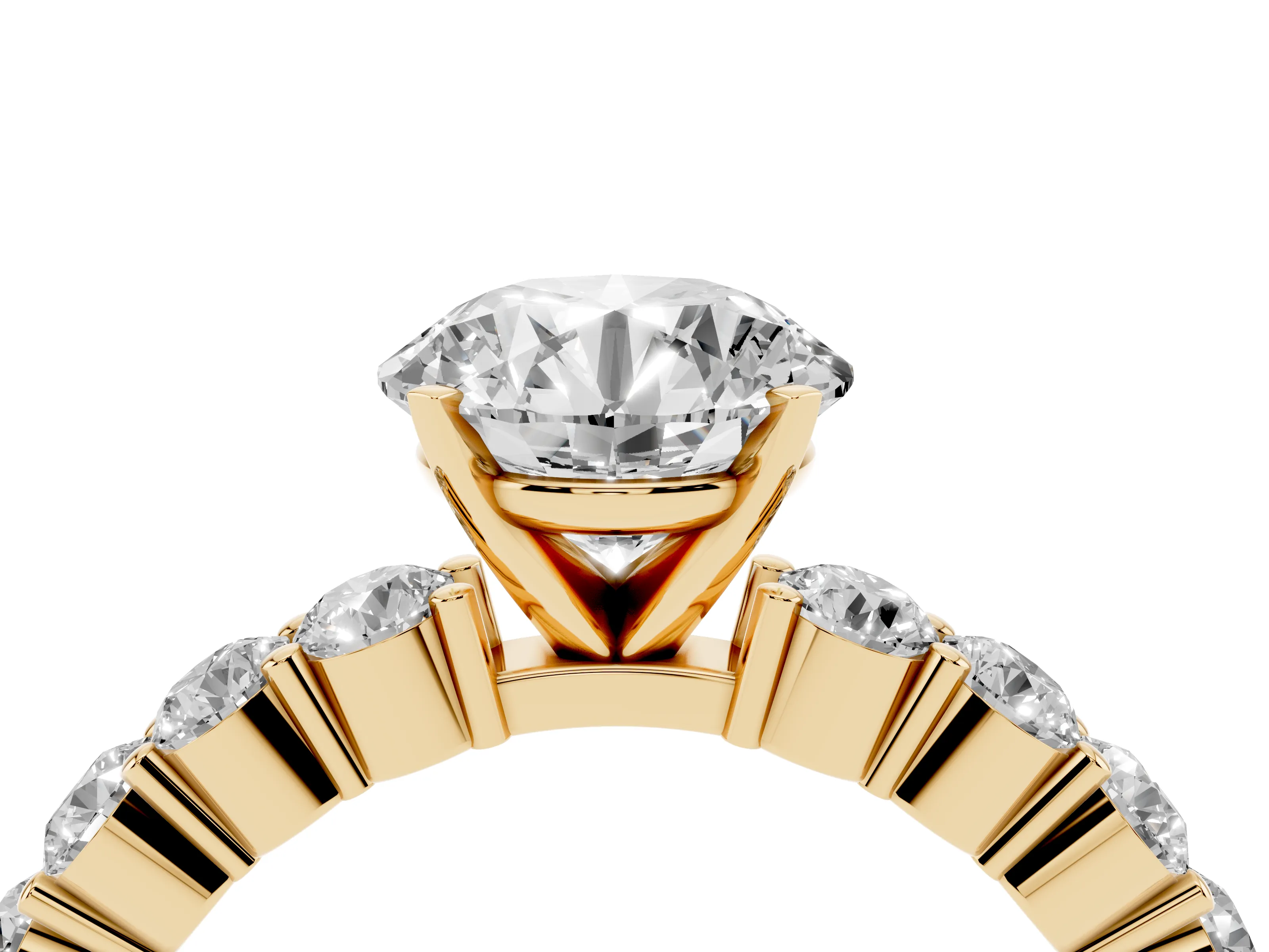 Round Cut Diamond Solitaire Ring Set in Yellow gold with Shared Prong Round Side Stones