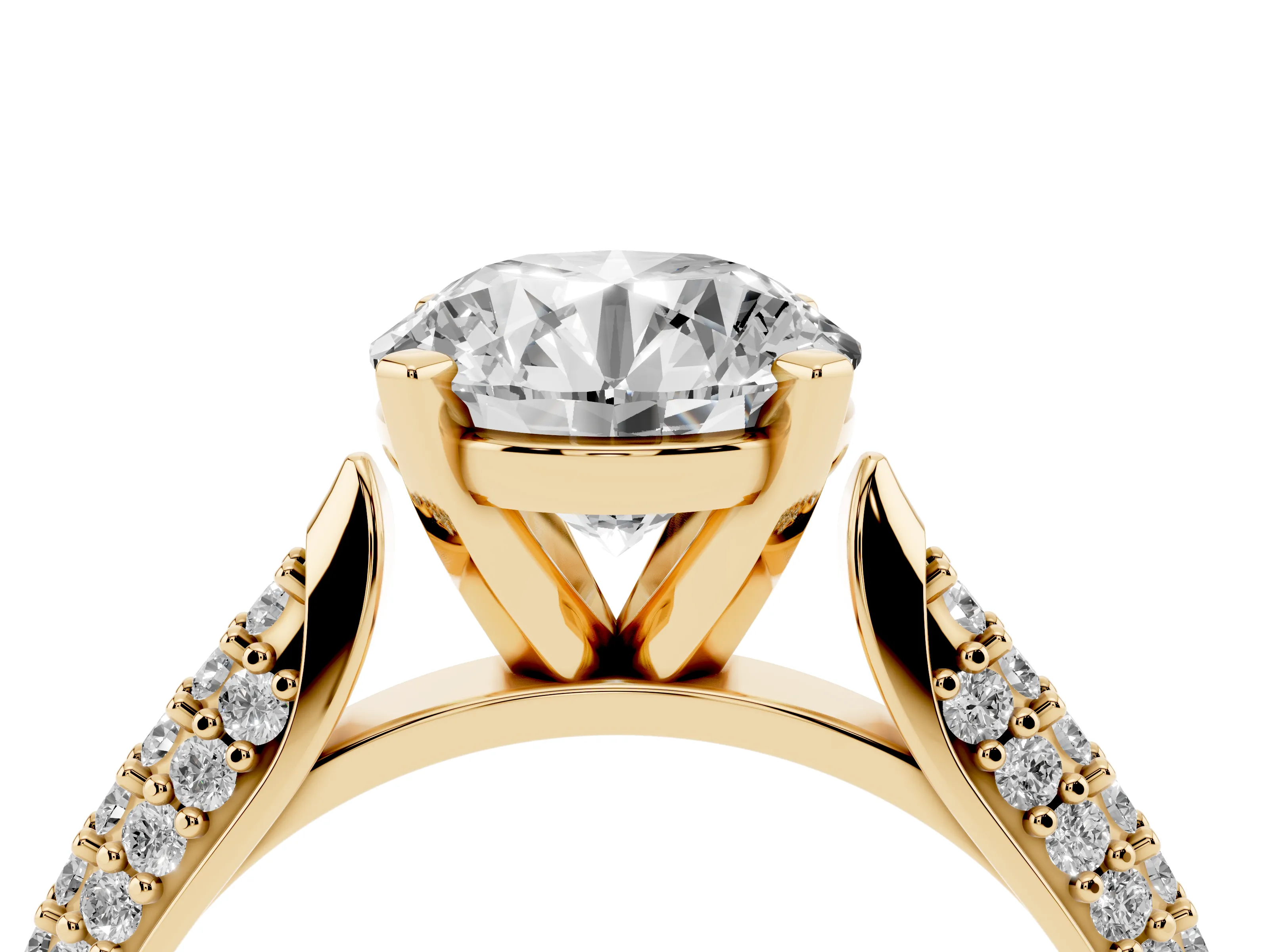 Round Cut Diamond Solitaire Engagement Ring Set in Yellow gold with Multi-Row Round Pavé Band and Prong Setting