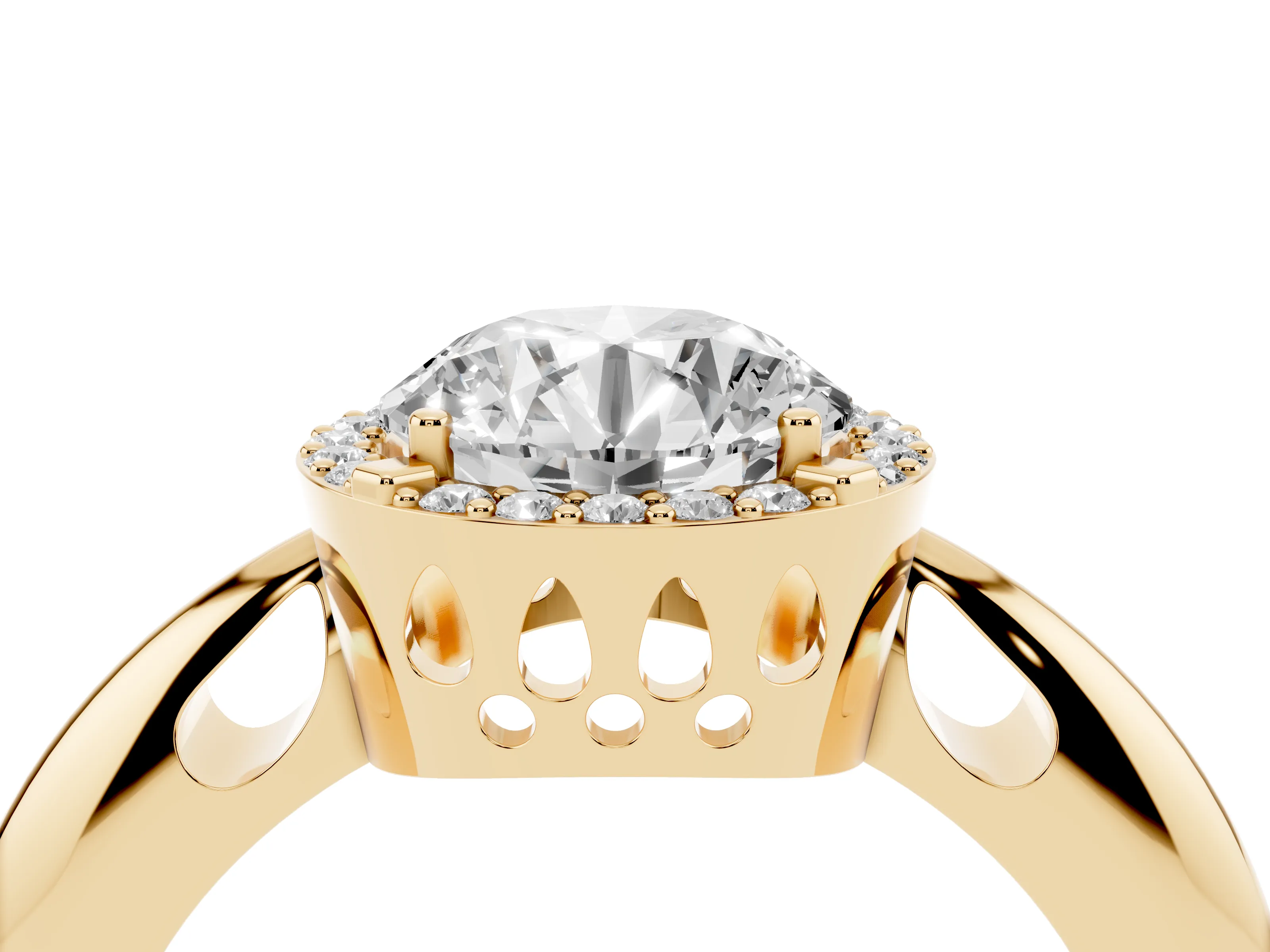 Round Cut Diamond Halo Engagement Ring Set in Yellow gold with Plain Split Shank and Prong Setting