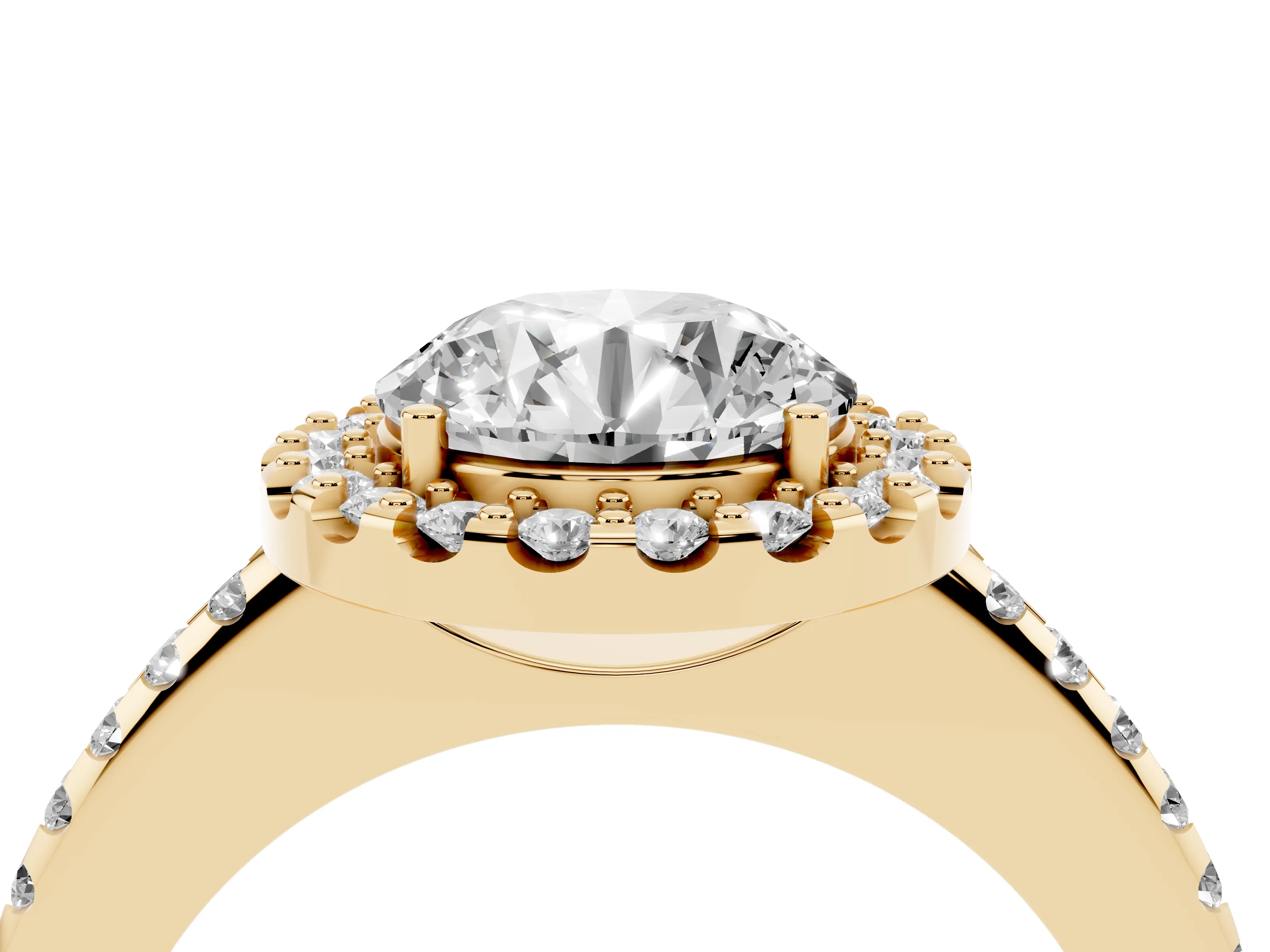 Round Cut Diamond Pavé Halo Ring Set in Yellow gold with Prong Setting