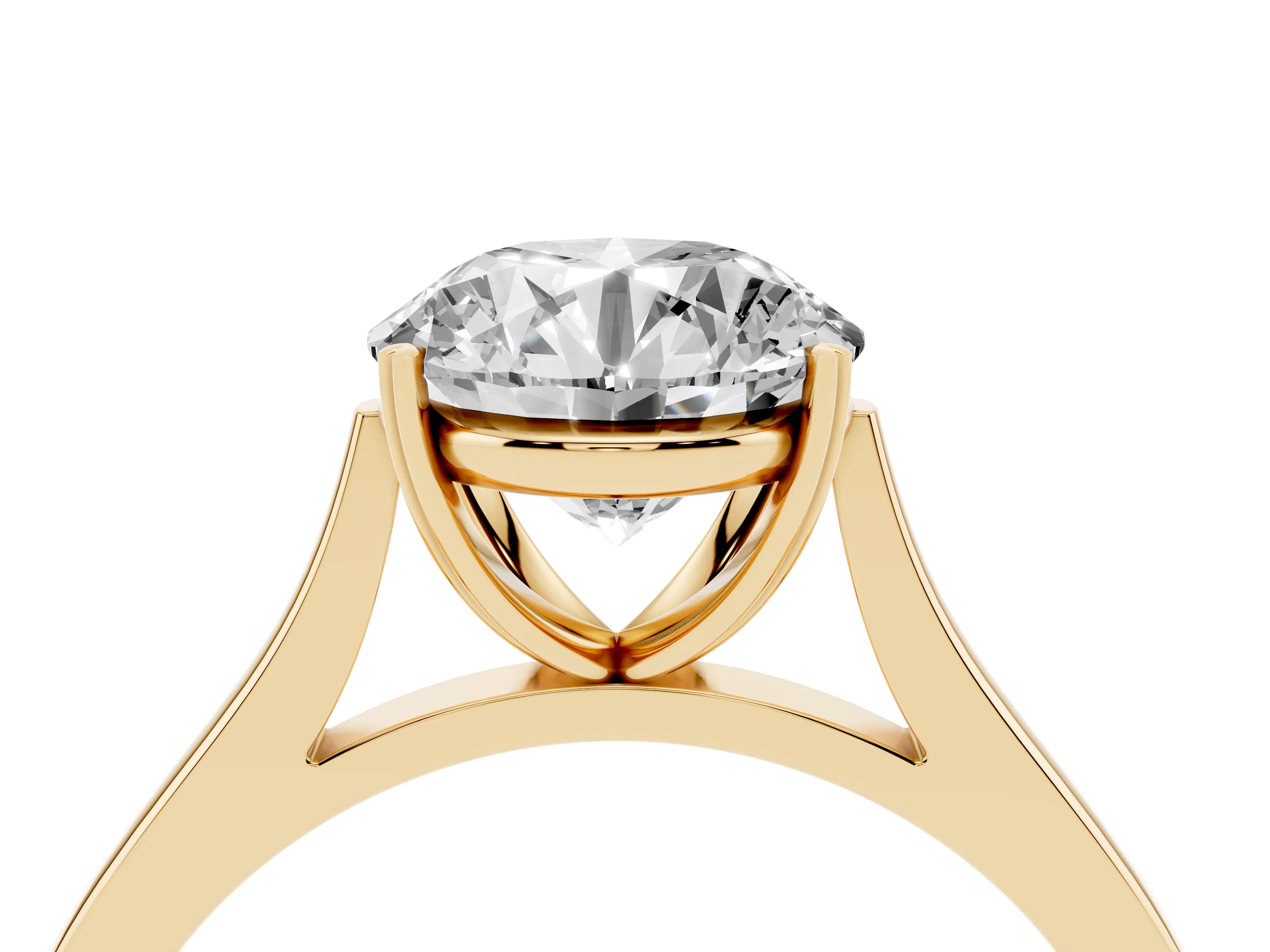 Round Cut Diamond Solitaire Heart Prong Engagement Ring Set in Yellow gold with Tapered Band