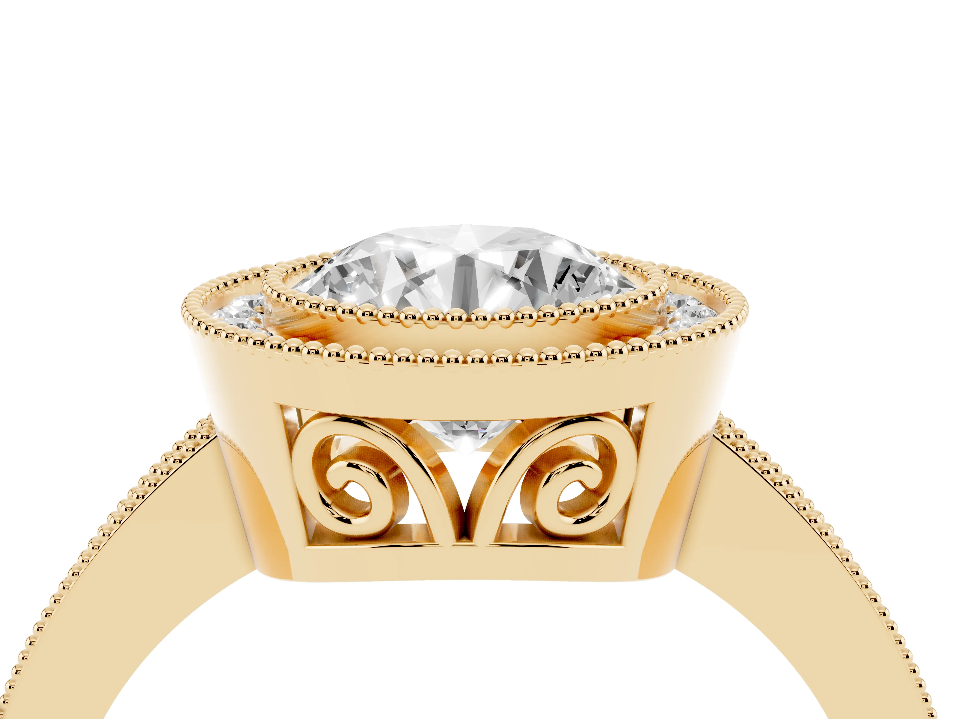 Round Cut Diamond Halo Ring Set in Yellow gold with Pavé Band and Milgrain-Edged Prongs