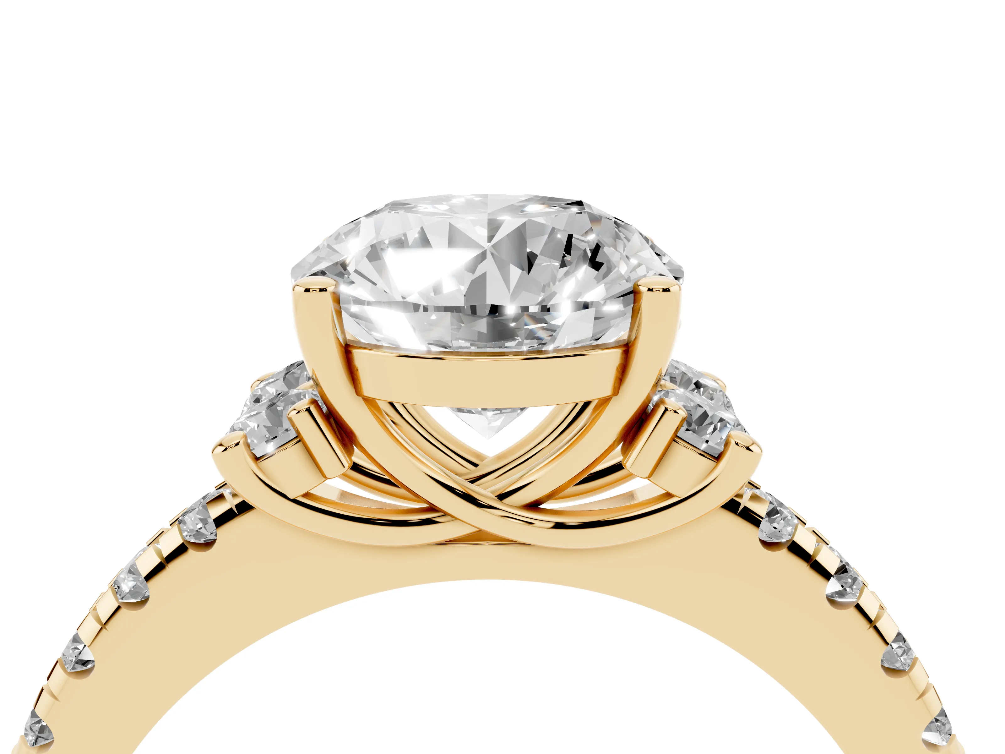 Round Cut Diamond Three-Stone Pavé Ring Set in Yellow gold with Prong Setting