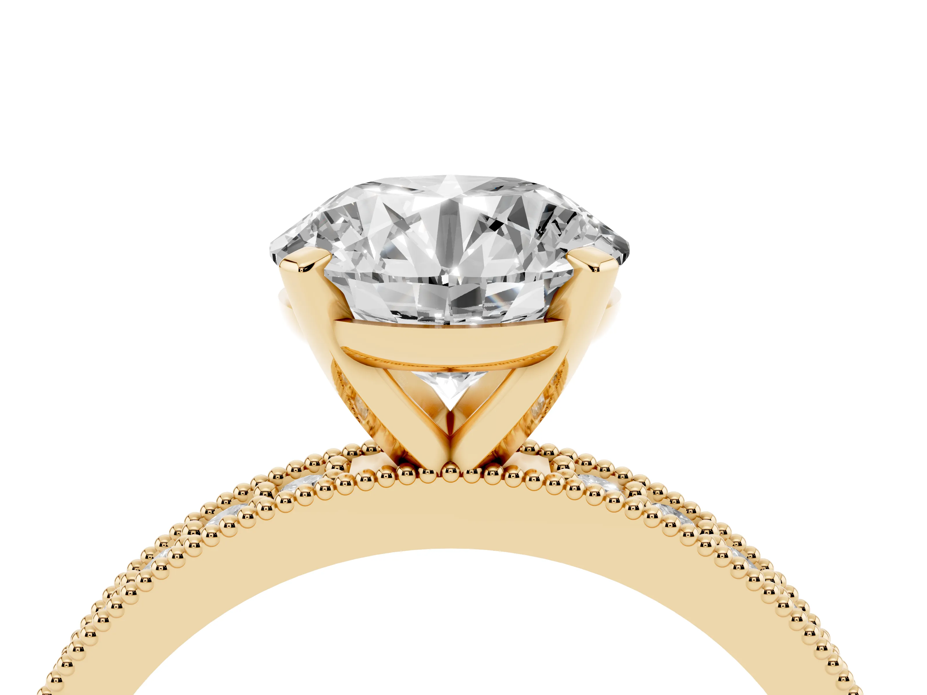 Round Cut Diamond Milgrain Pavé Engagement Ring Set in Yellow gold with Prong Setting