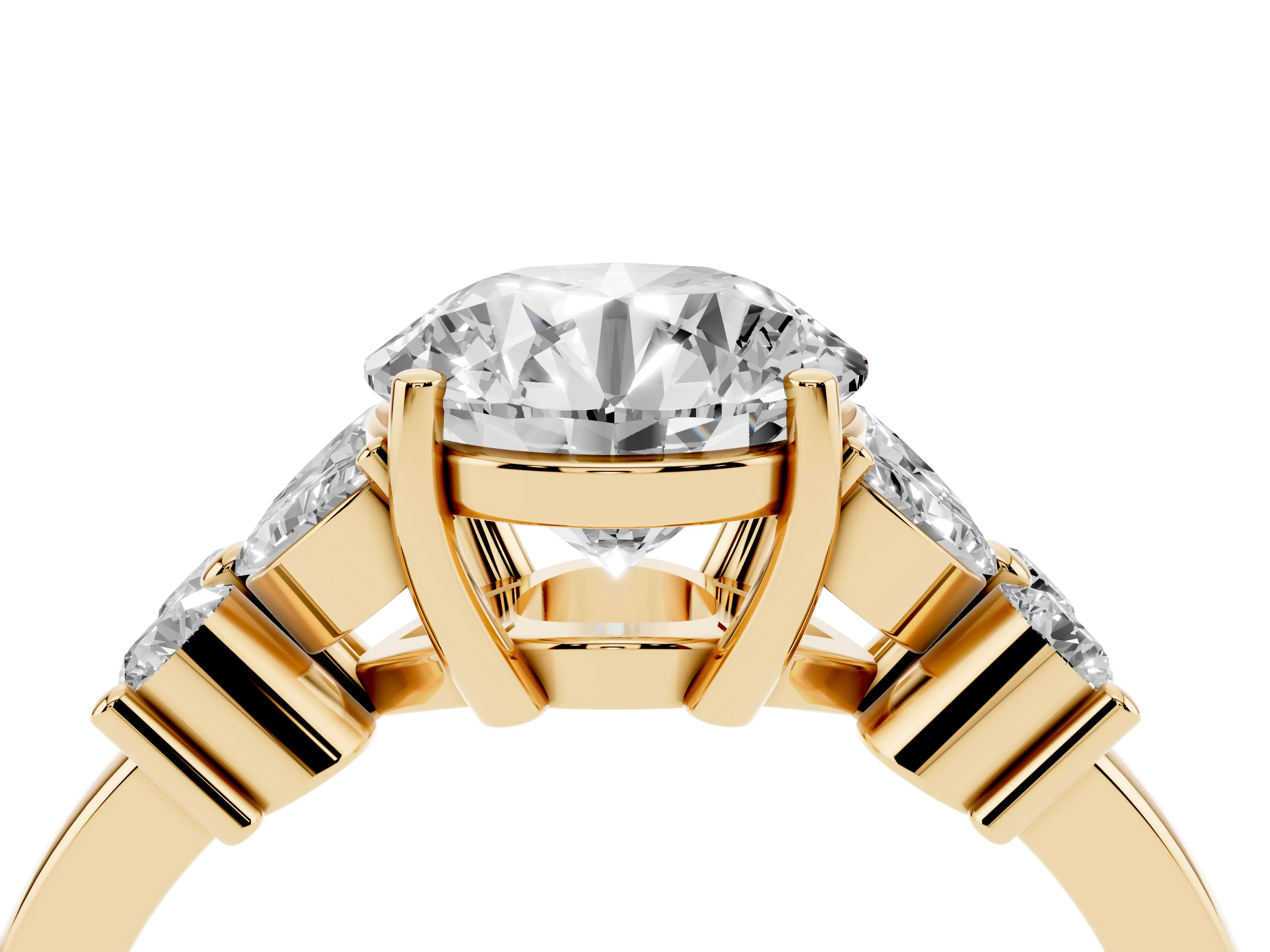 Round Cut Diamond Floral Cluster Ring Set in Yellow gold with Marquise Petals and Prong Setting