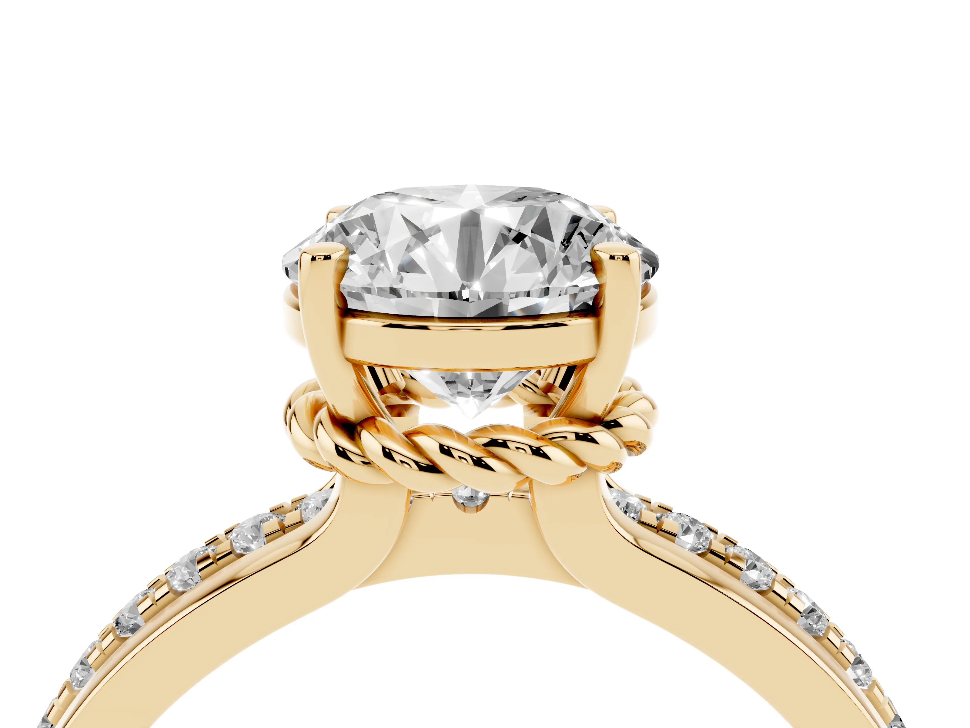 Round Cut Diamond Solitaire Ring Set in Yellow gold with Channel Set Band and Prong Setting
