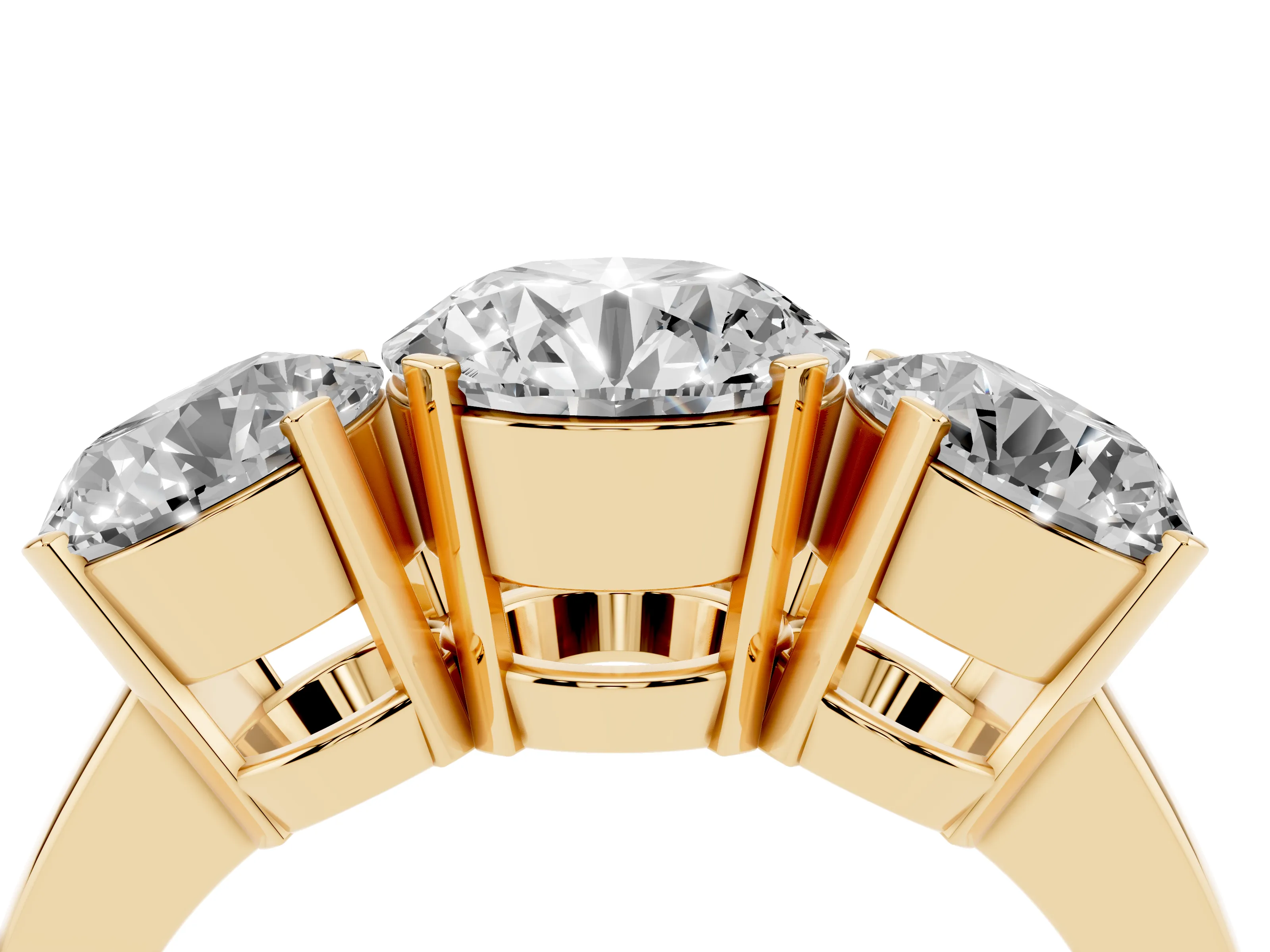 Round Cut Diamond Three-Stone Ring Set in Yellow gold with Channel-Set Band and Prong Settings