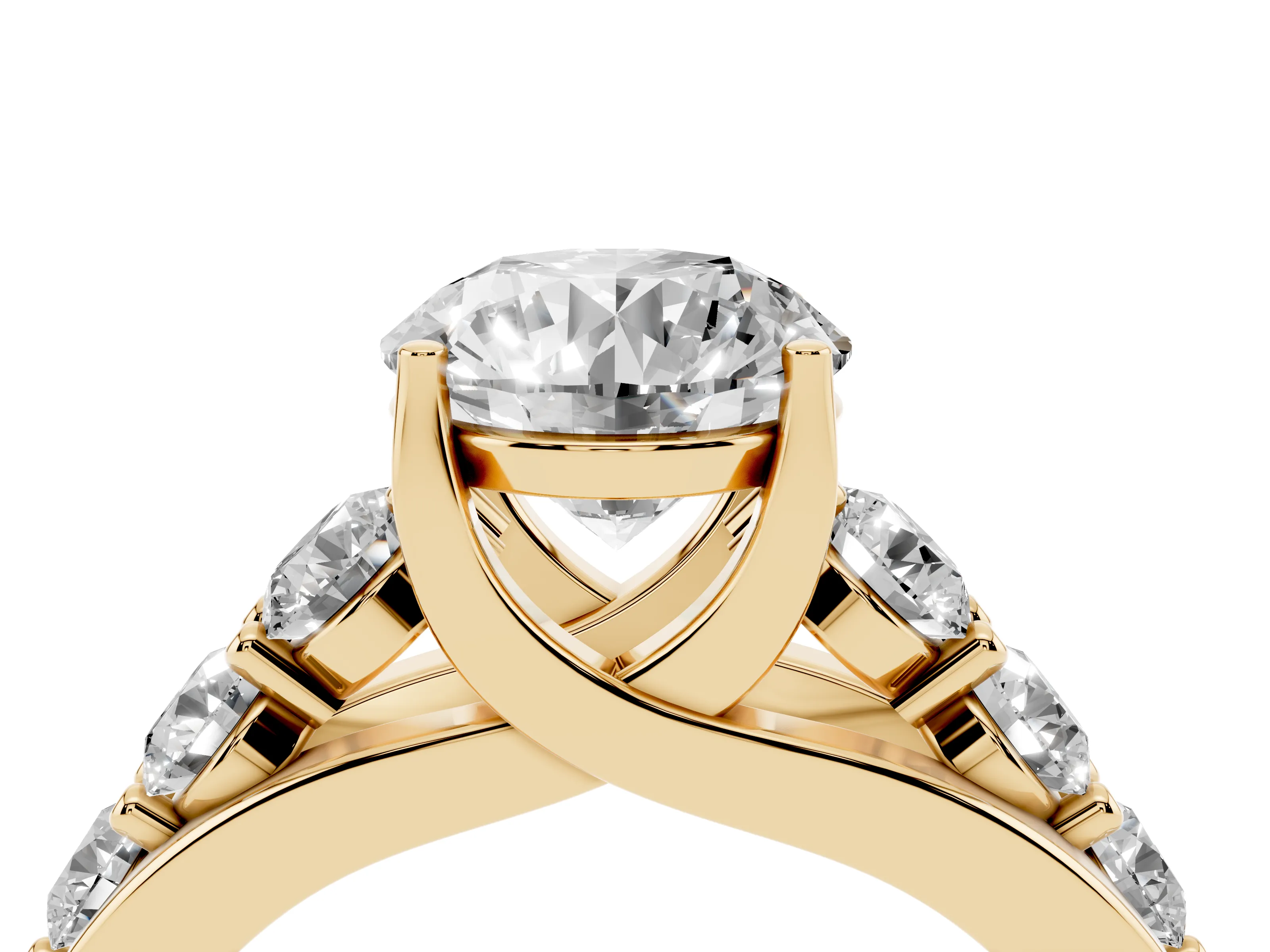 Round Cut Diamond Pavé Engagement Ring Set in Yellow gold with Prong Setting