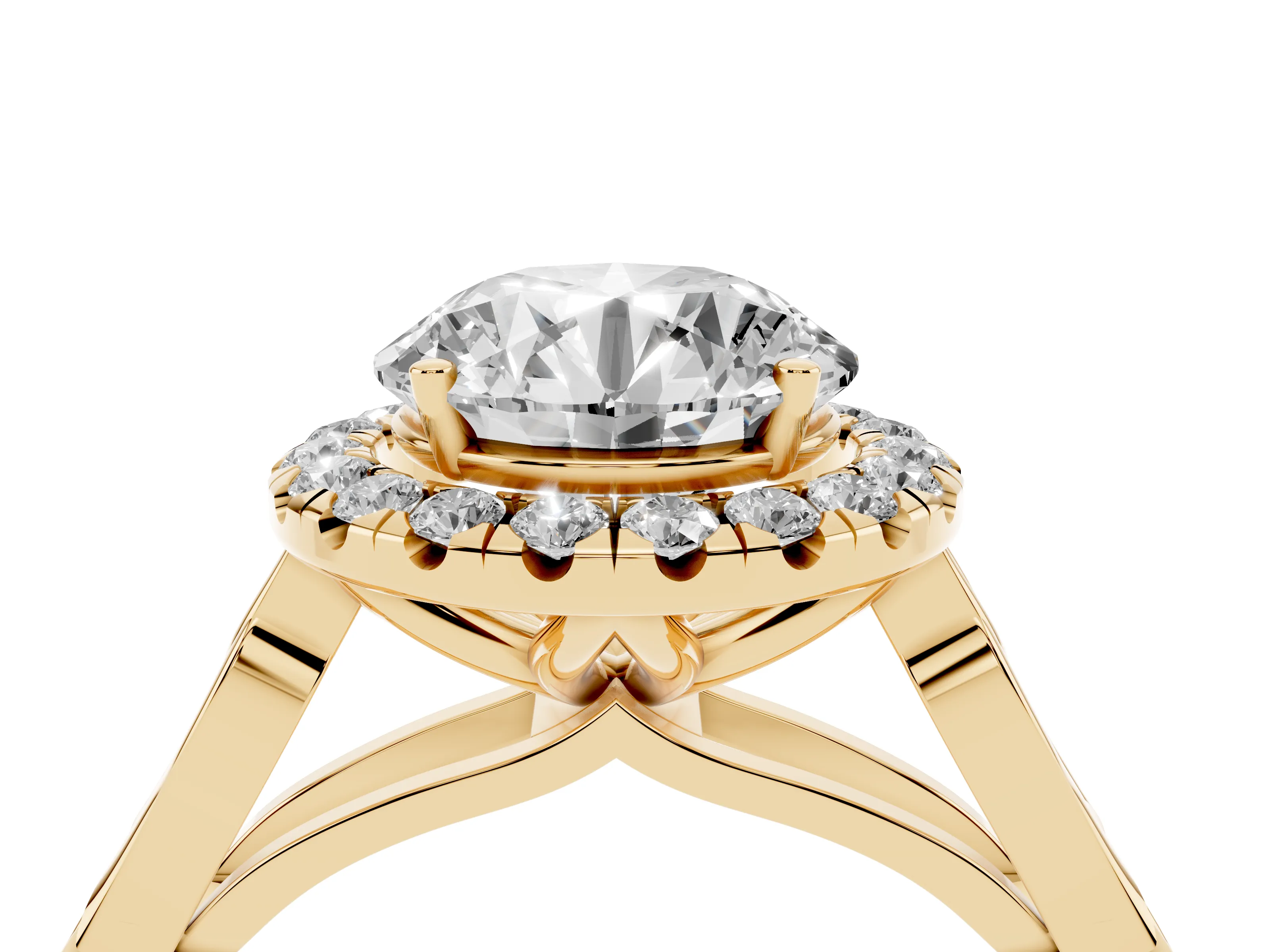 Round Cut Diamond Halo Engagement Ring Set in Yellow gold with Filigree Band and Prong-Set Center