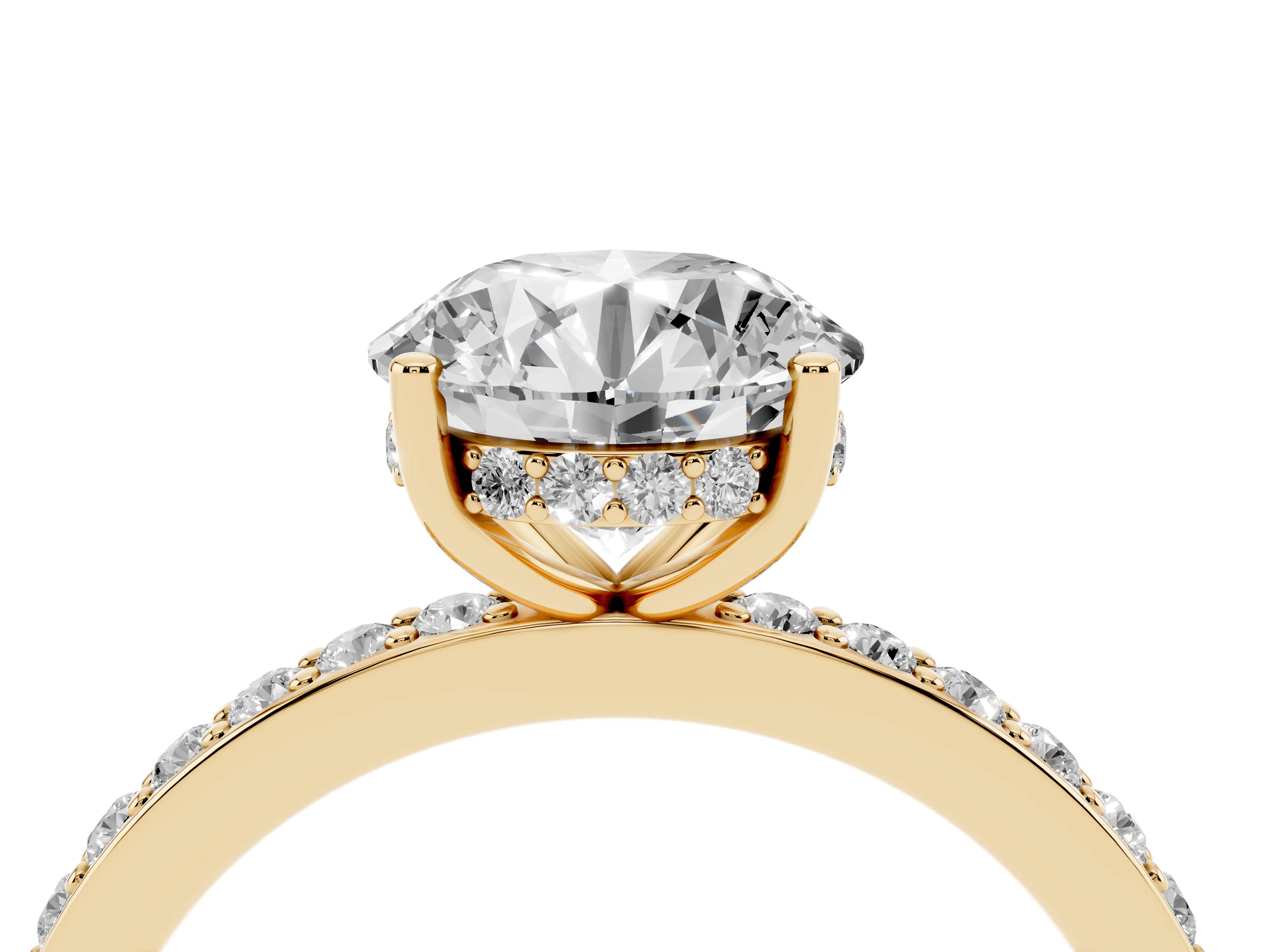 Round Cut Diamond Pavé Band Ring Set in Yellow gold with Prong-Set Center Stone