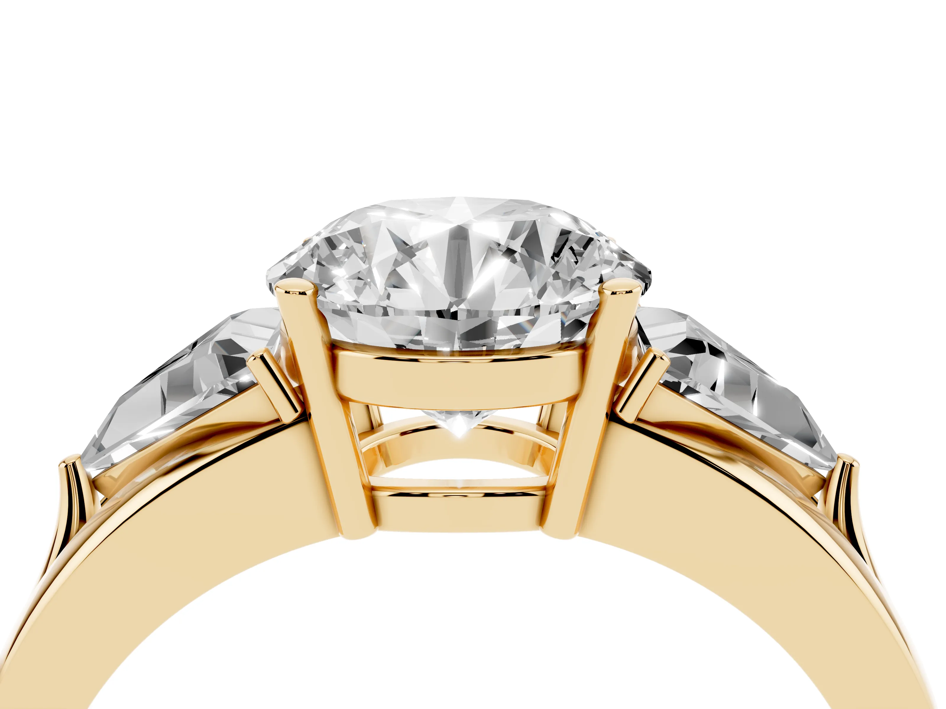 Round Cut Diamond Three-Stone Ring Set in Yellow gold with Trillion Side Stones and Split Shank