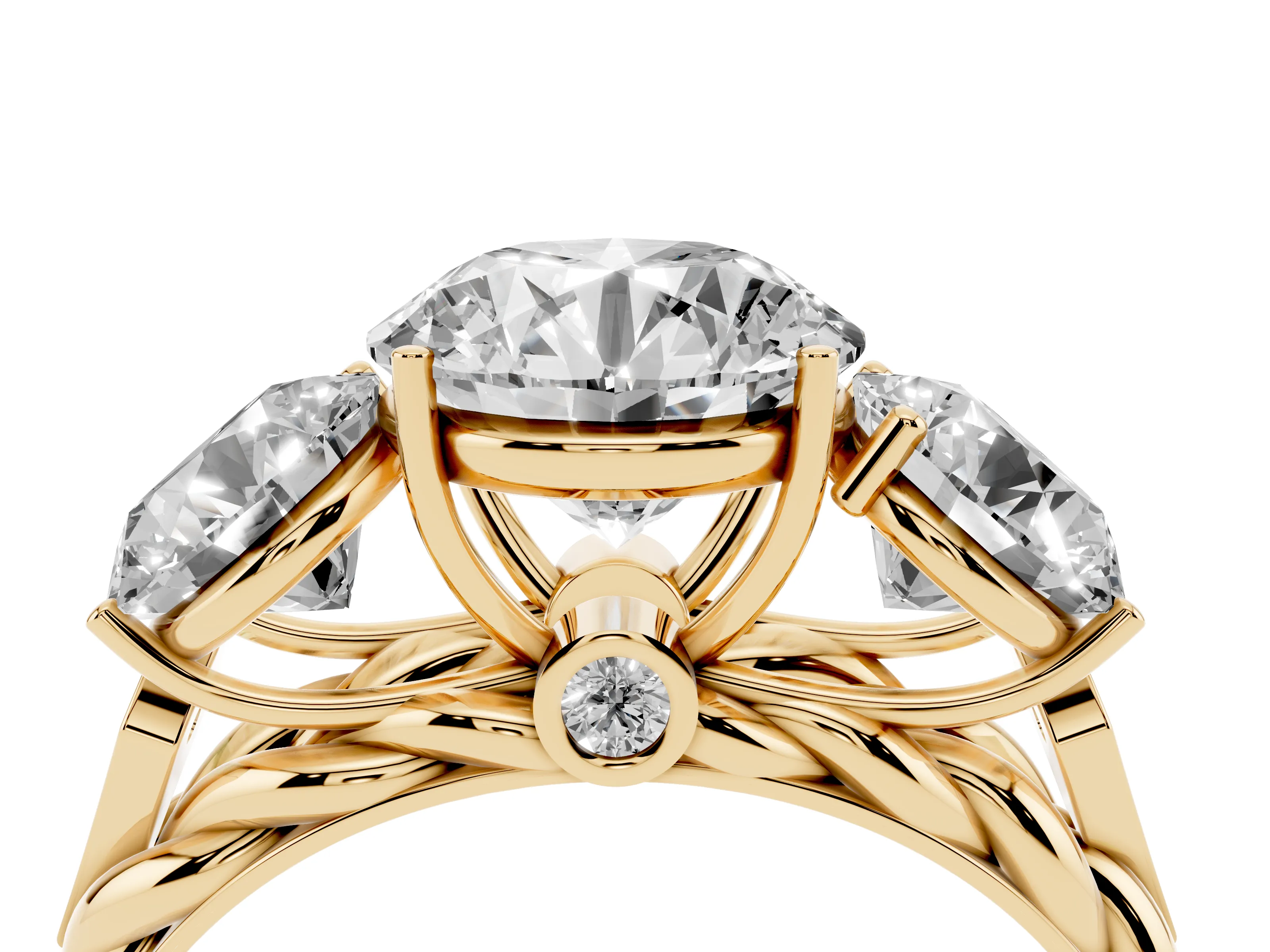 Round Cut Diamond Three-Stone Ring Set in Yellow gold with Braided Band