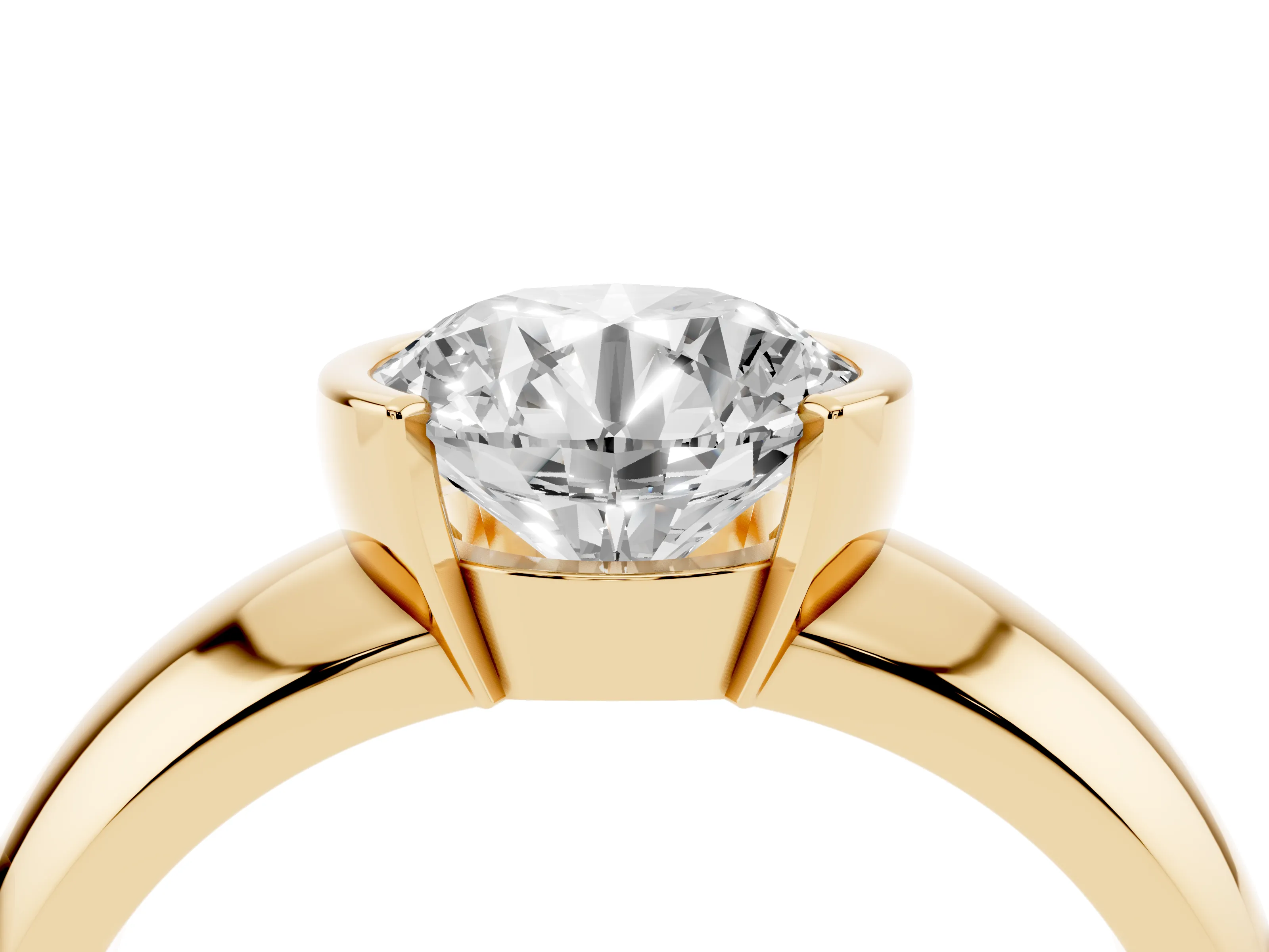 Round Cut Diamond Solitaire Tension Set Ring Set in Yellow gold with Wide Band