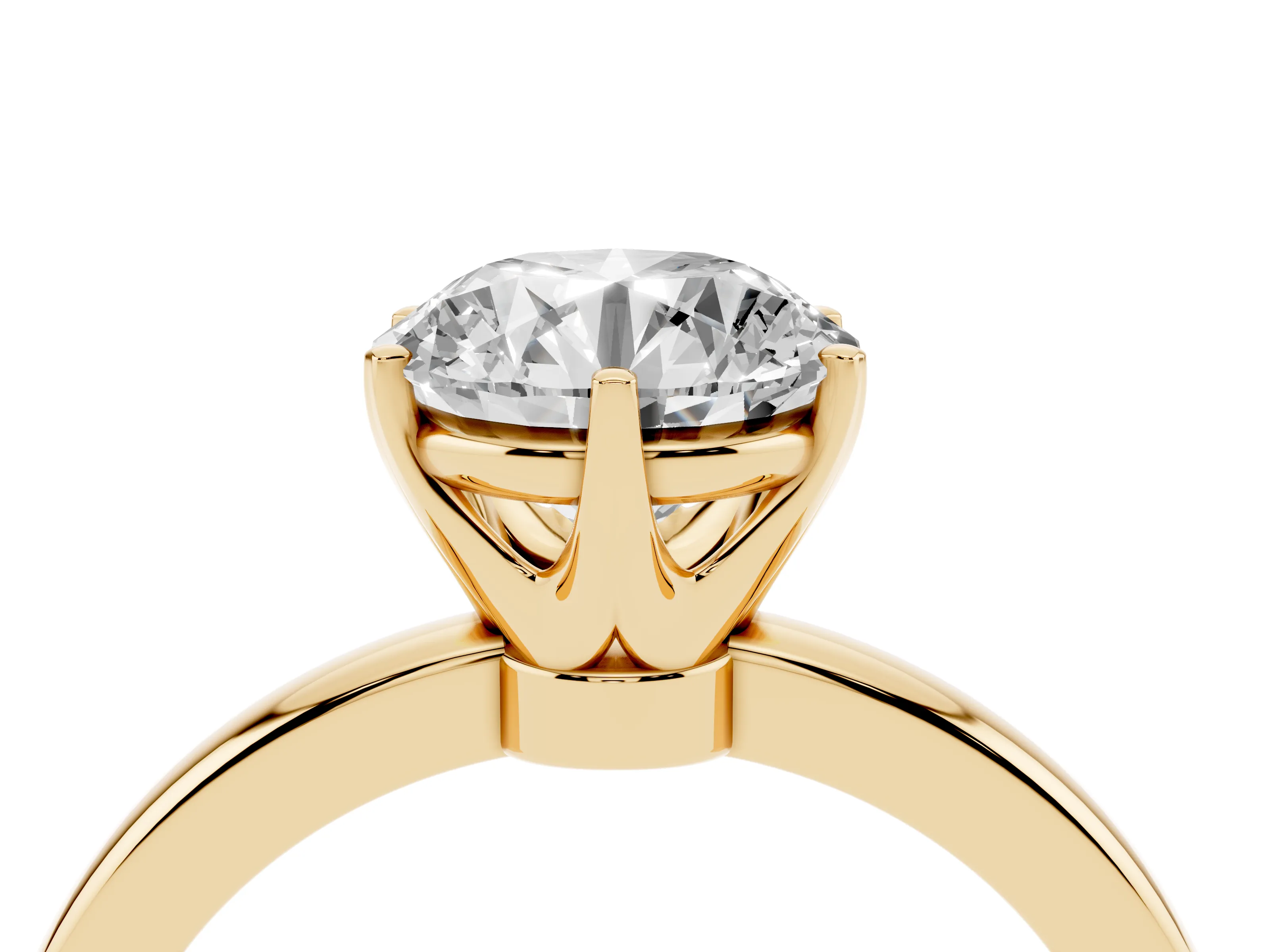 Round Cut Diamond Solitaire Ring Set in Yellow gold with Raised Prong Setting on a Classic Band