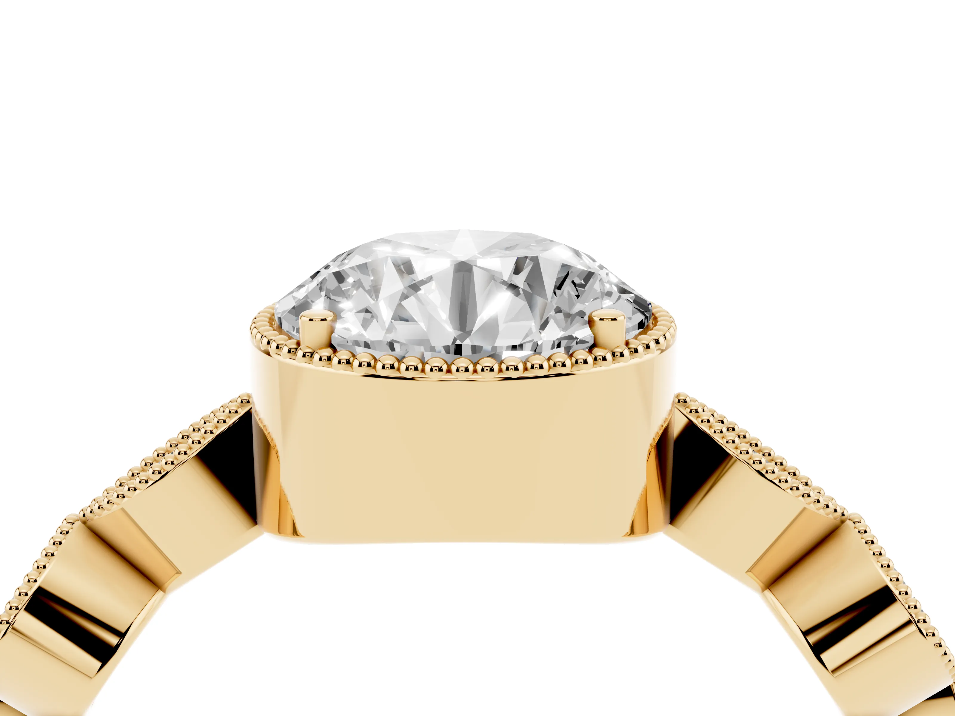 Round Cut Diamond Vintage-Inspired Milgrain Ring Set in Yellow gold with Marquise Stations of Round Accents
