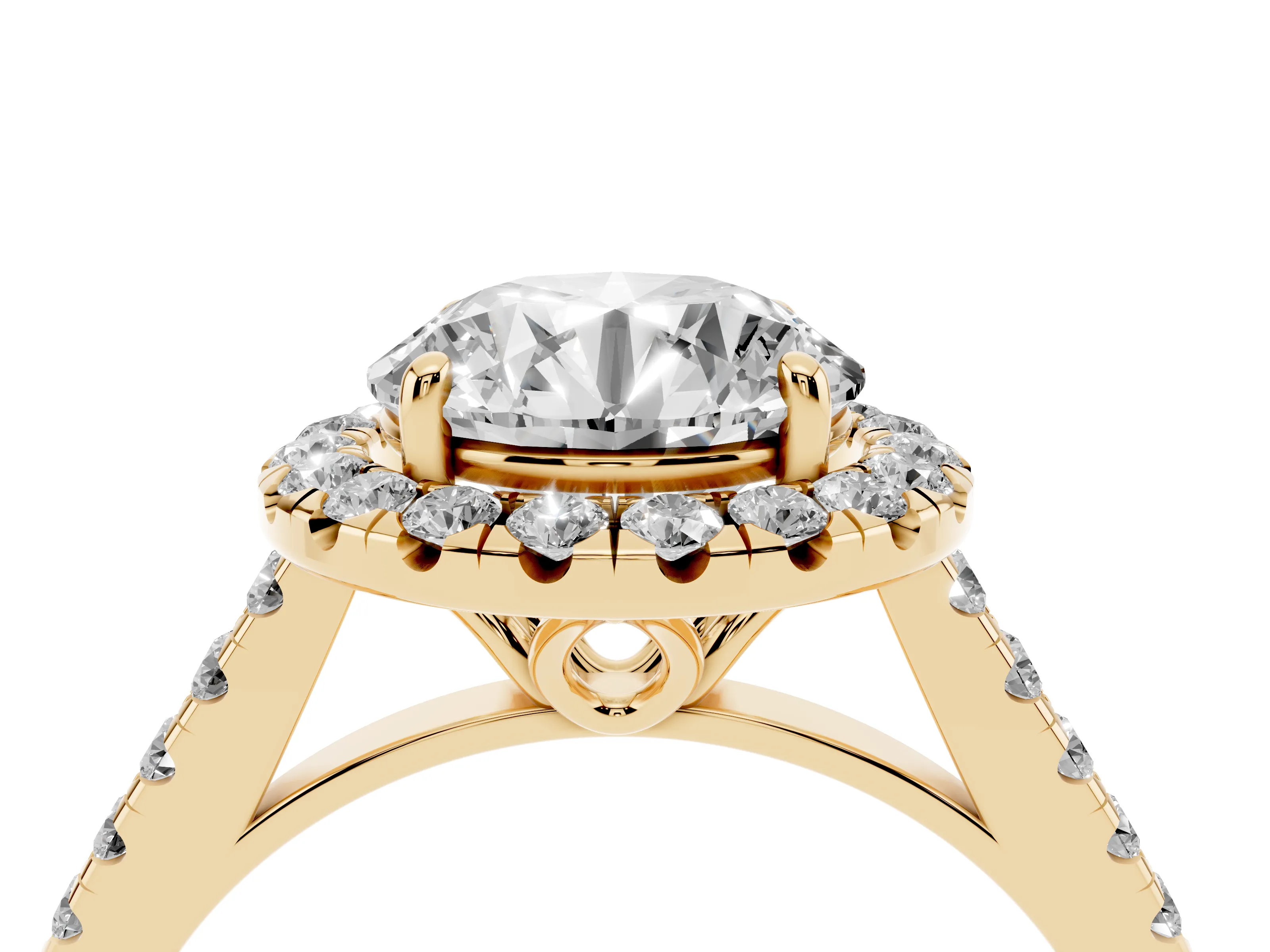 Round Cut Diamond Pavé Halo Engagement Ring Set in Yellow gold with Pavé Band and Prong Setting