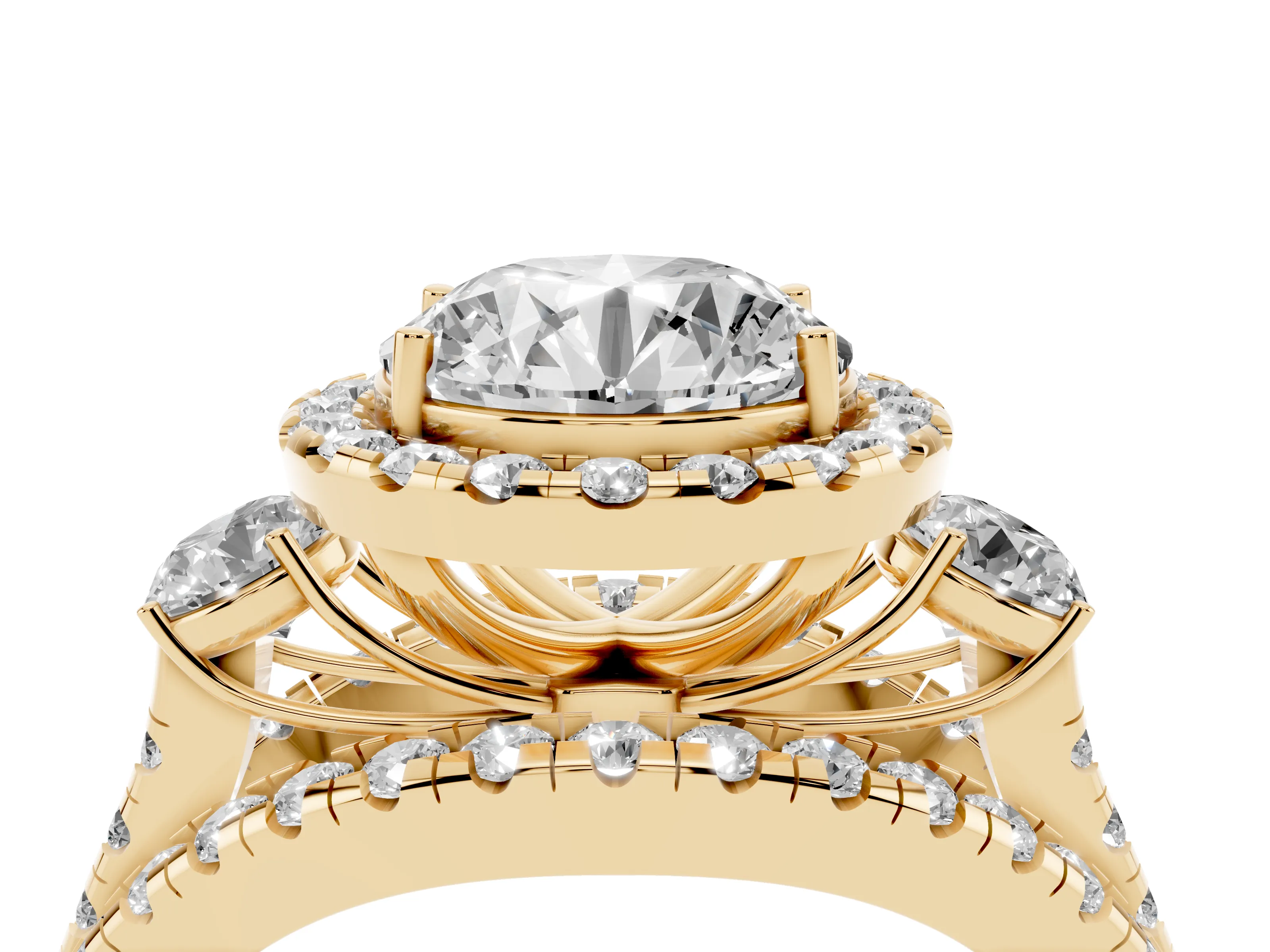 Round Cut Diamond Halo Split Shank Ring Set in Yellow gold with Round Accent Stones and Prong Setting