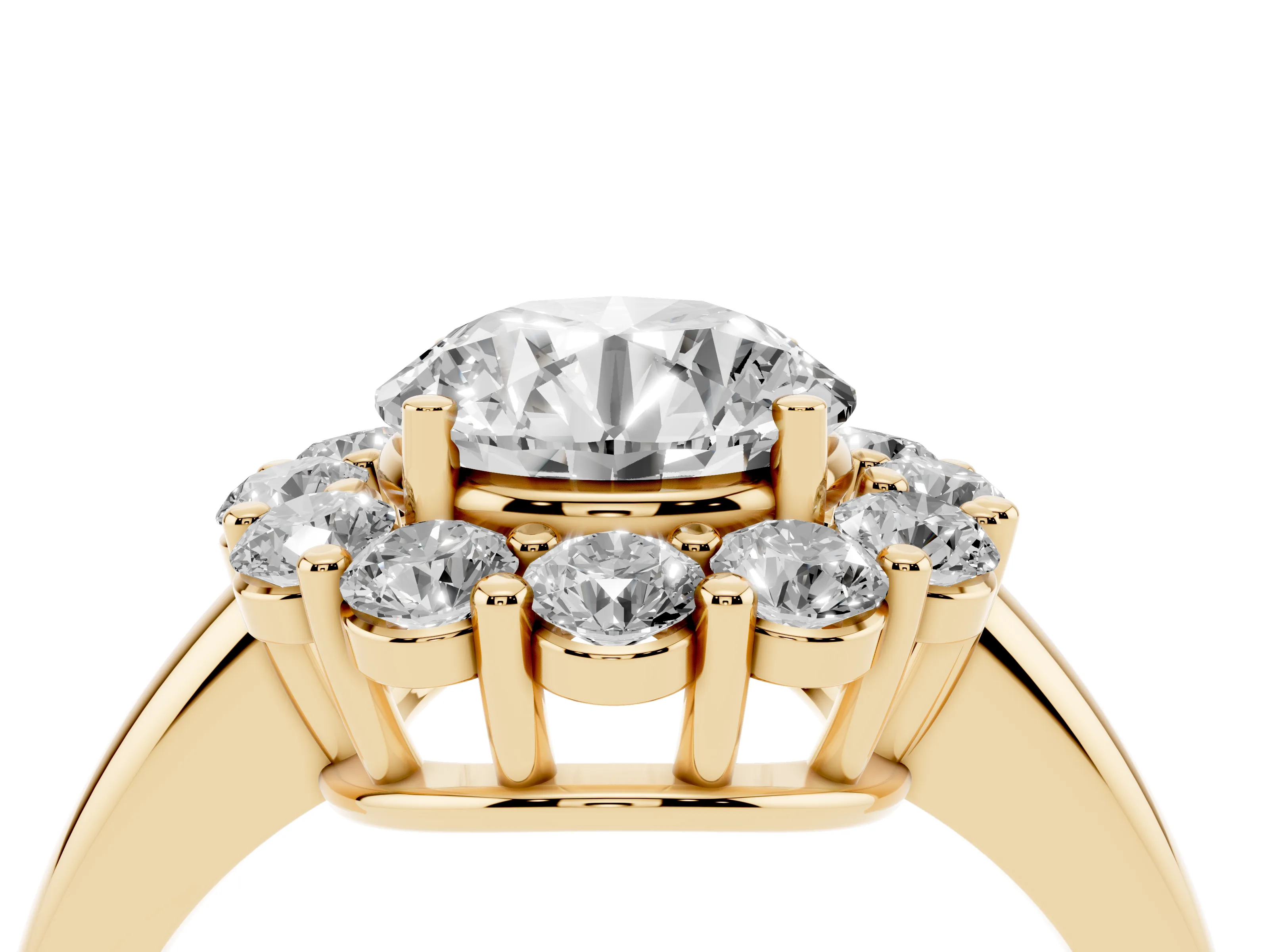 Round Cut Diamond Halo Cluster Engagement Ring Set in Yellow gold with Polished Band and Prong Setting
