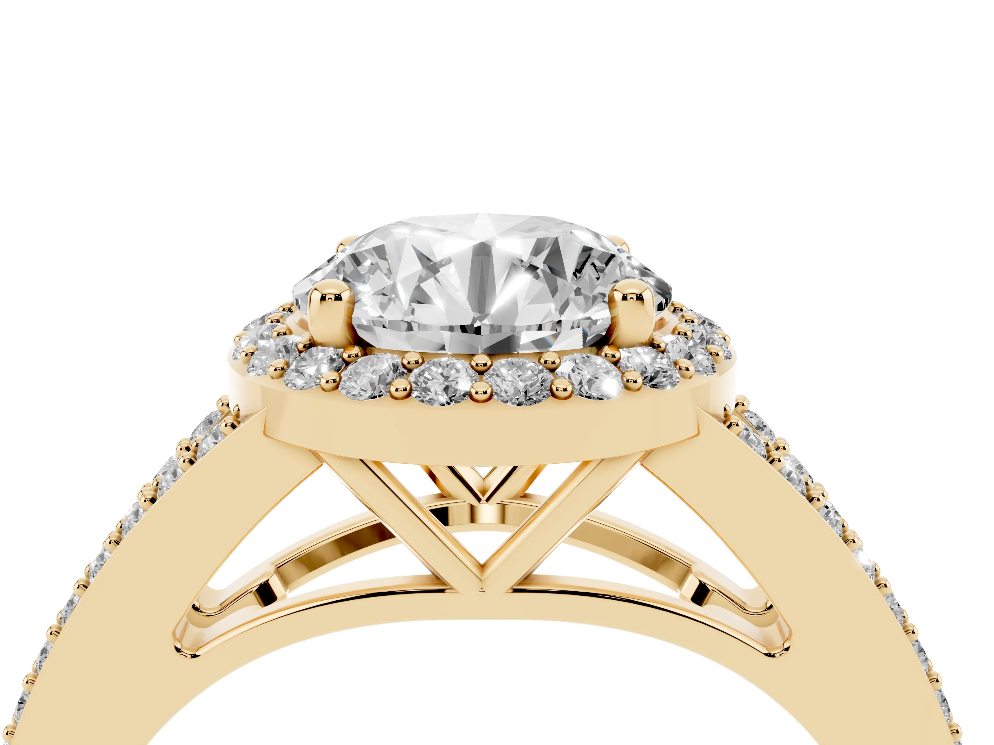 Round Cut Diamond Halo Split Shank Pavé Ring Set in Yellow gold with Prong Setting