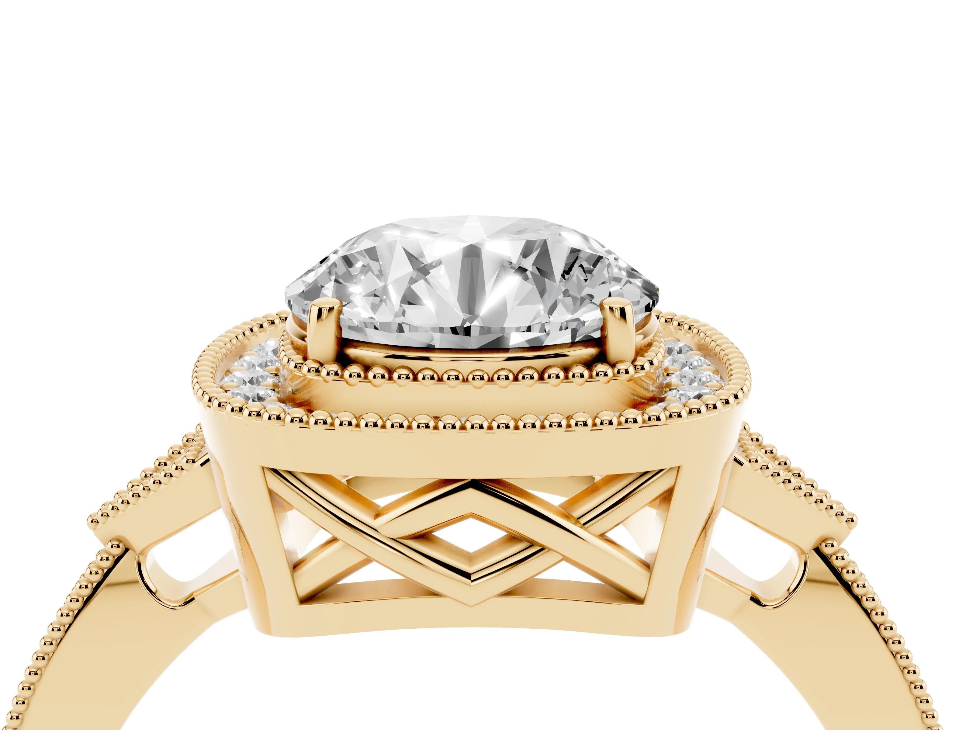 Round Cut Diamond Halo Engagement Ring Set in Yellow gold with Milgrain Pavé Band