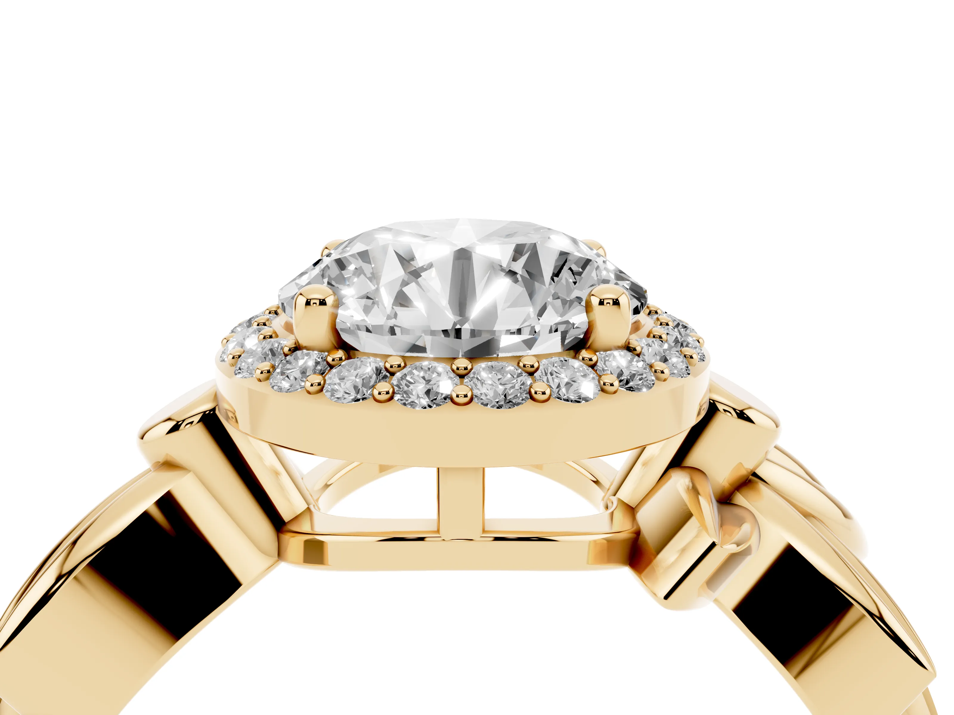 Round Cut Diamond Halo Floral Band Ring Set in Yellow gold with Prong Setting