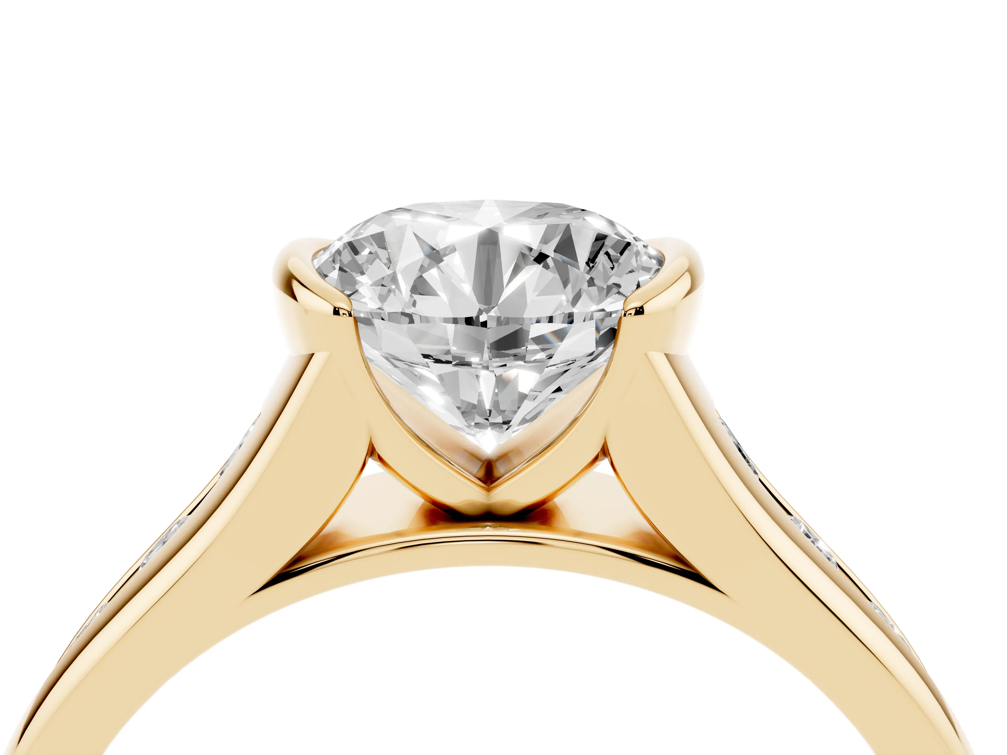 Round Cut Diamond Bezel-Set Solitaire Ring Set in Yellow gold with Channel-Set Band