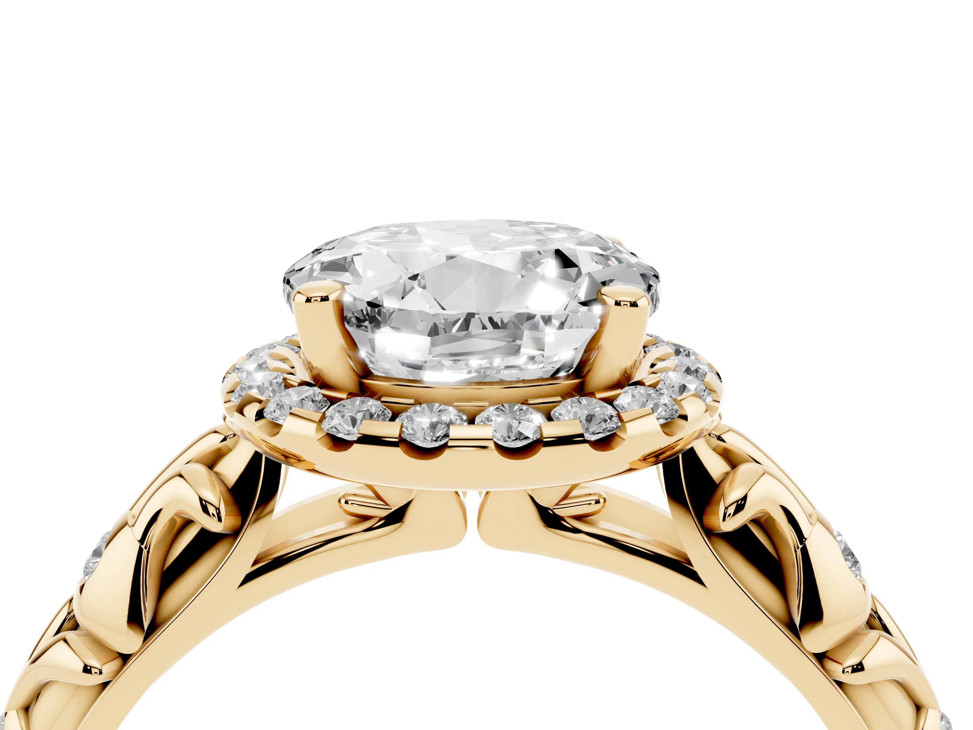 Round Cut Diamond Halo Ring Set in Yellow gold with Filigree Leaf Band and Prong Setting