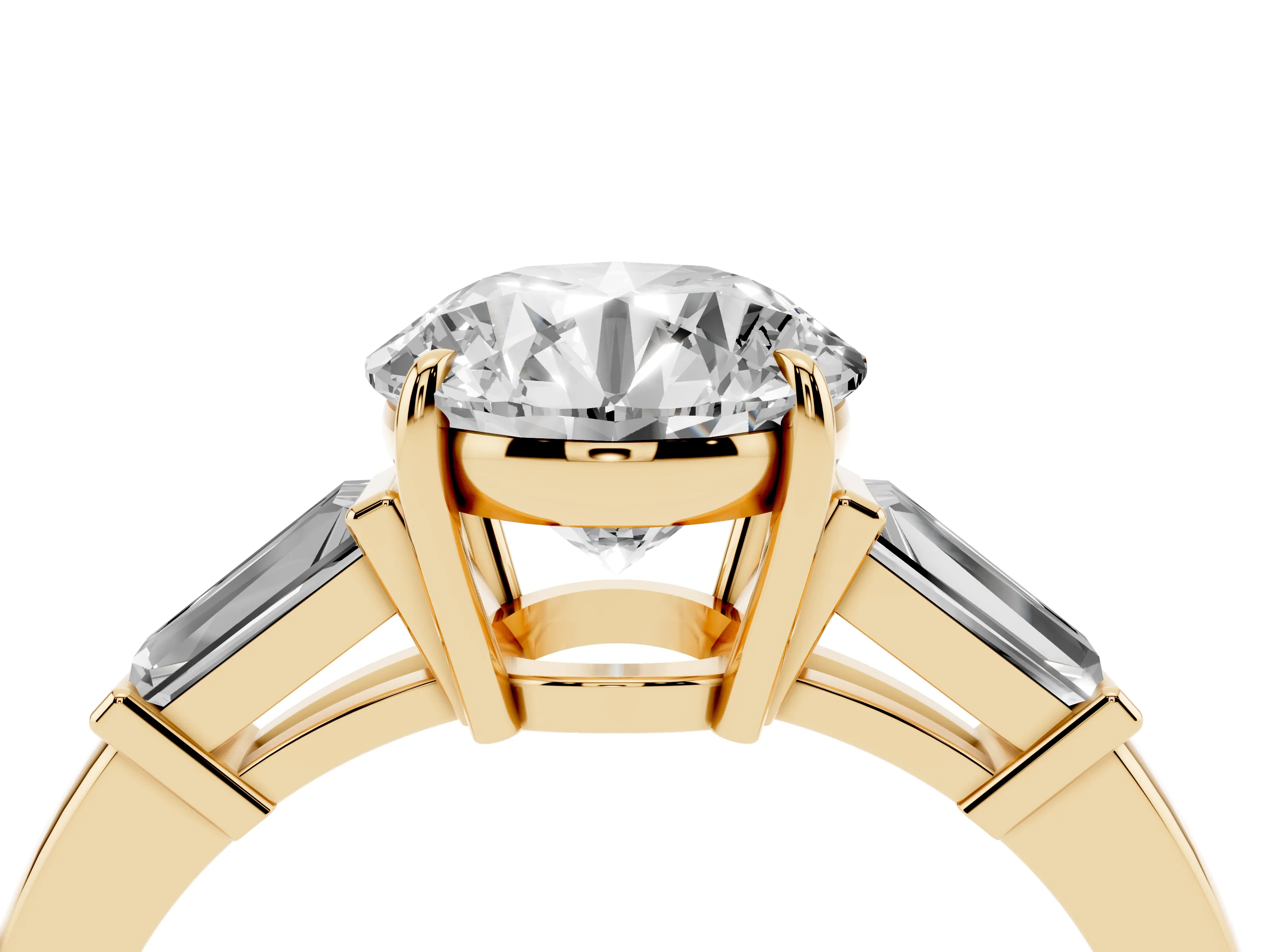 Round Cut Diamond Three-Stone Ring Set in Yellow gold with Tapered Baguette Side Stones and Prong Setting