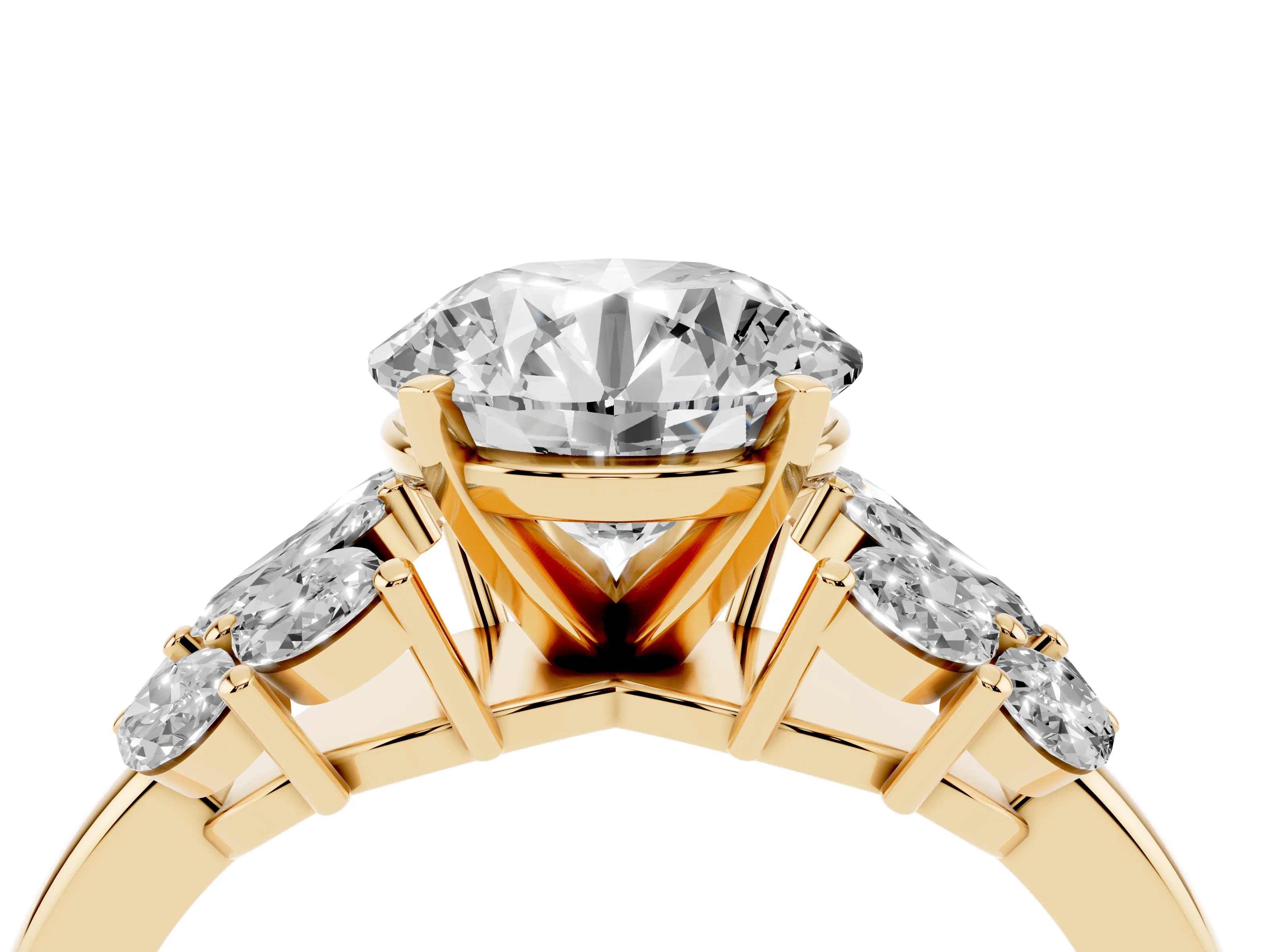 Round Cut Diamond Cluster Leaf Design Ring Set in Yellow gold with Prong Setting