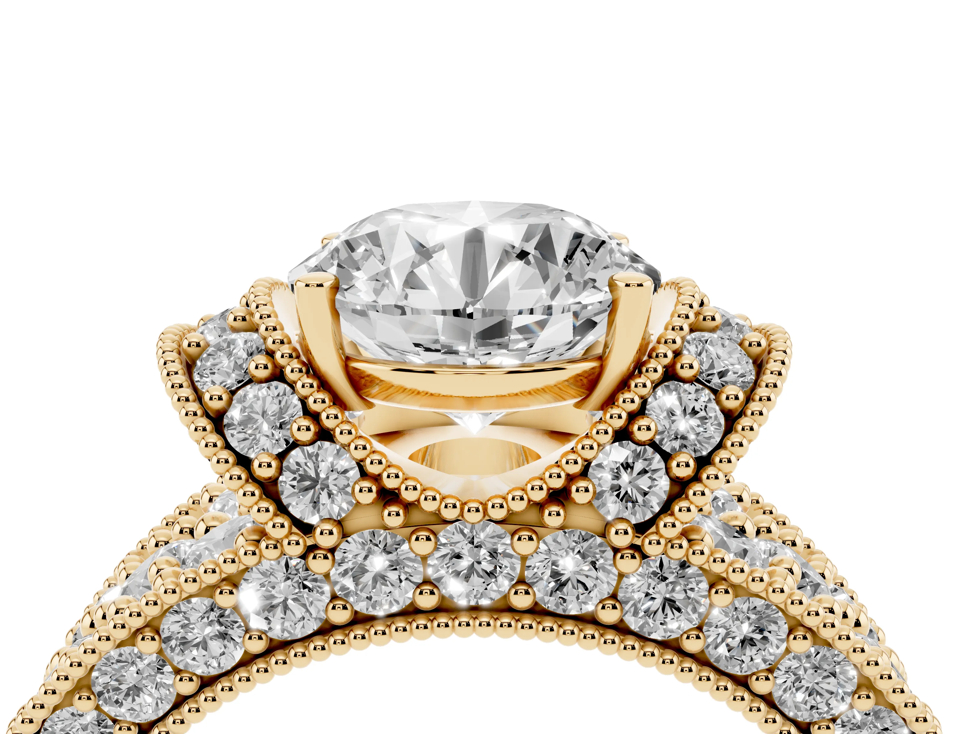 Round Cut Diamond Milgrain Halo Pavé Engagement Ring Set in Yellow gold with Prong Setting