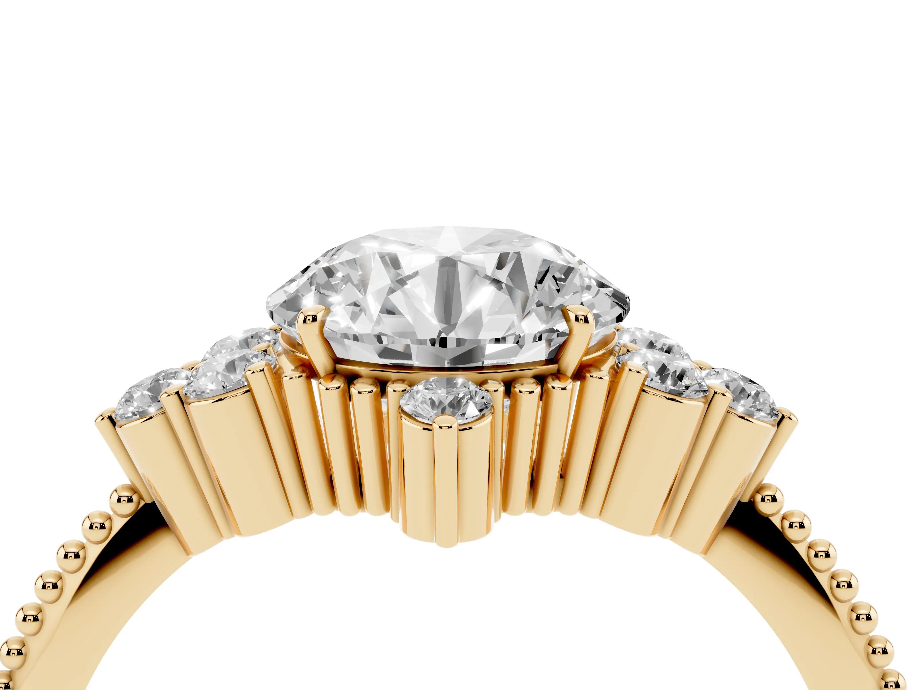 Round Cut Diamond Cluster Ring Set in Yellow gold with Beaded Band