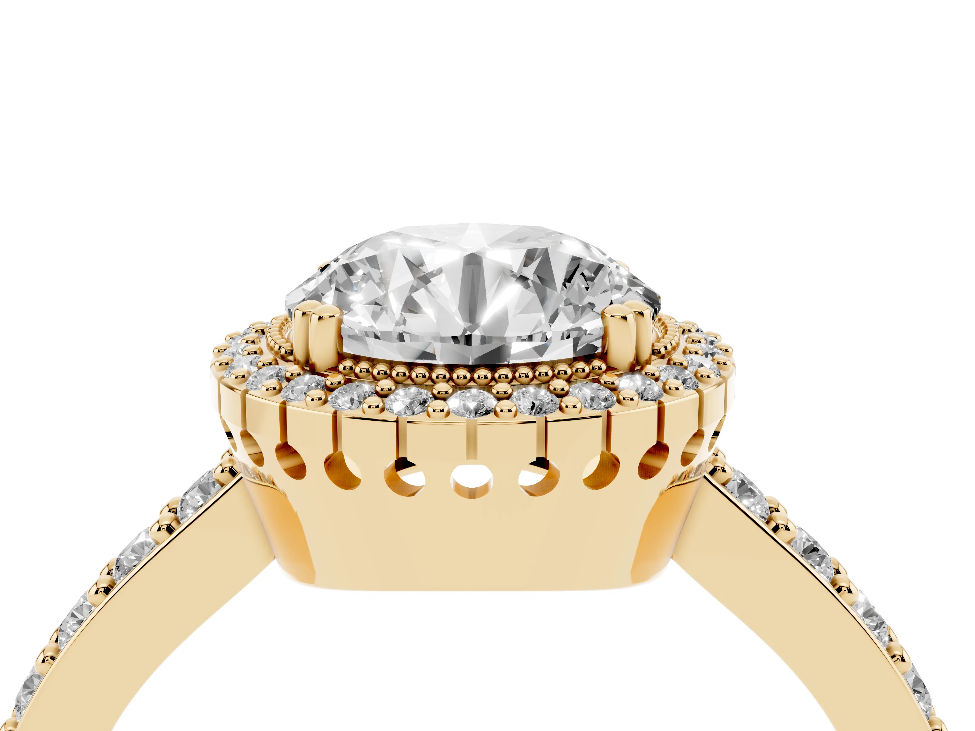 Round Cut Diamond Halo Engagement Ring Set in Yellow gold with Milgrain Detail and Pavé Band