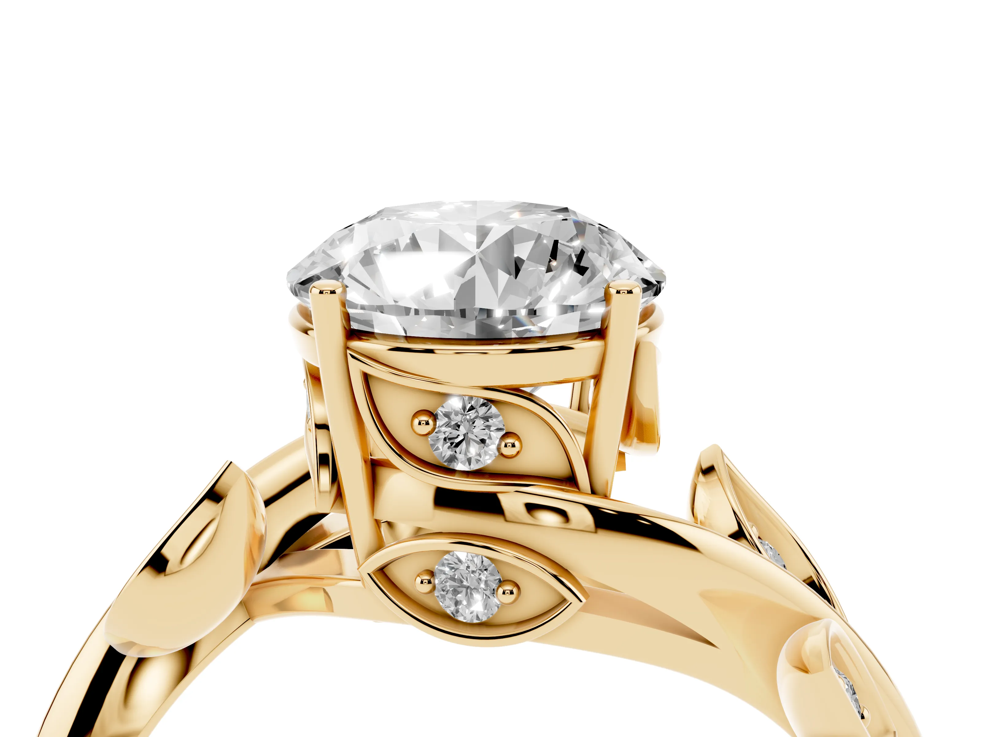 Round Cut Diamond Solitaire Twist Engagement Ring Set in Yellow gold with Pavé Leaf Accents