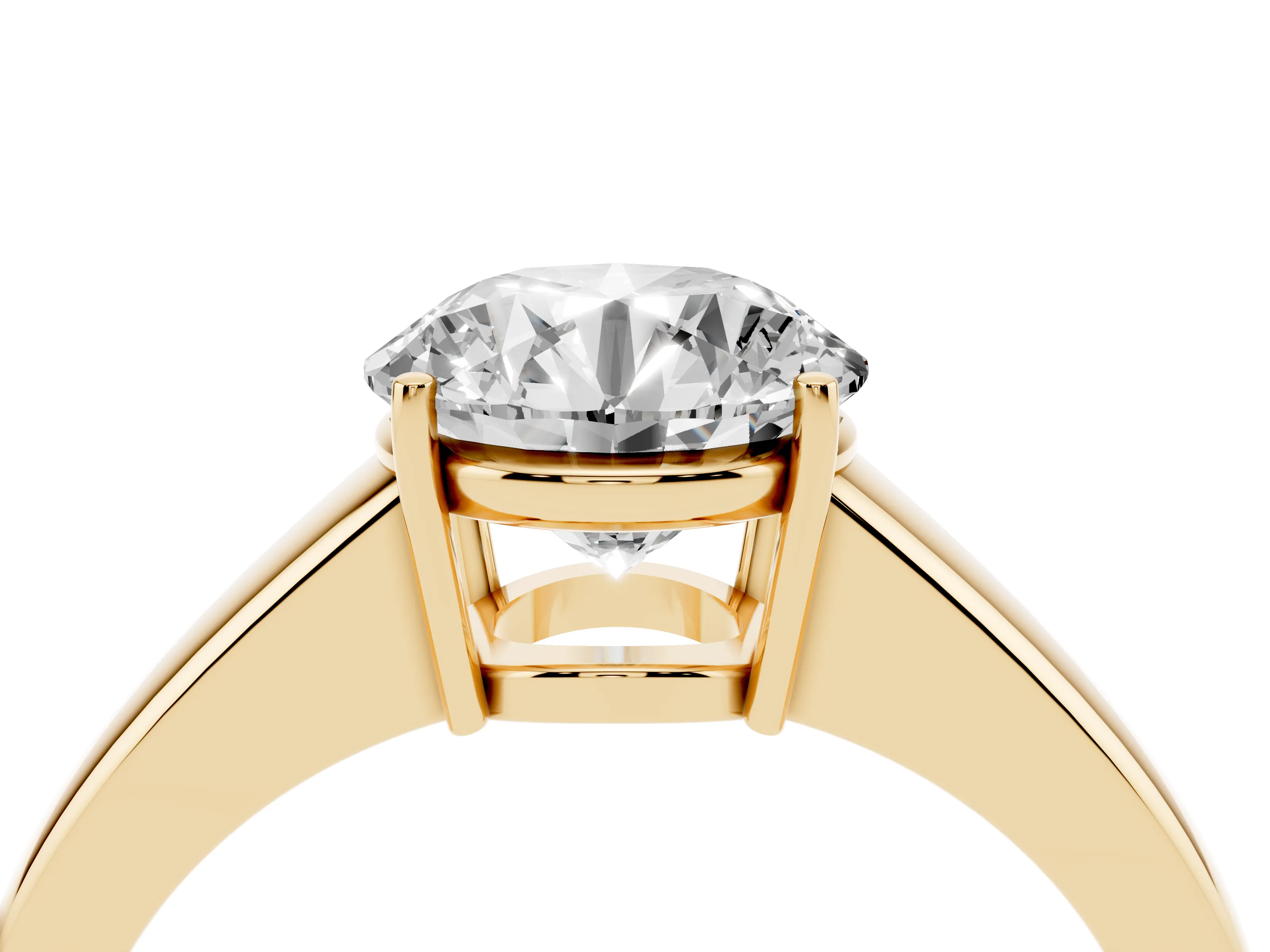 Round Cut Diamond Solitaire Ring Set in Yellow gold with Tapered Band and Prong Setting