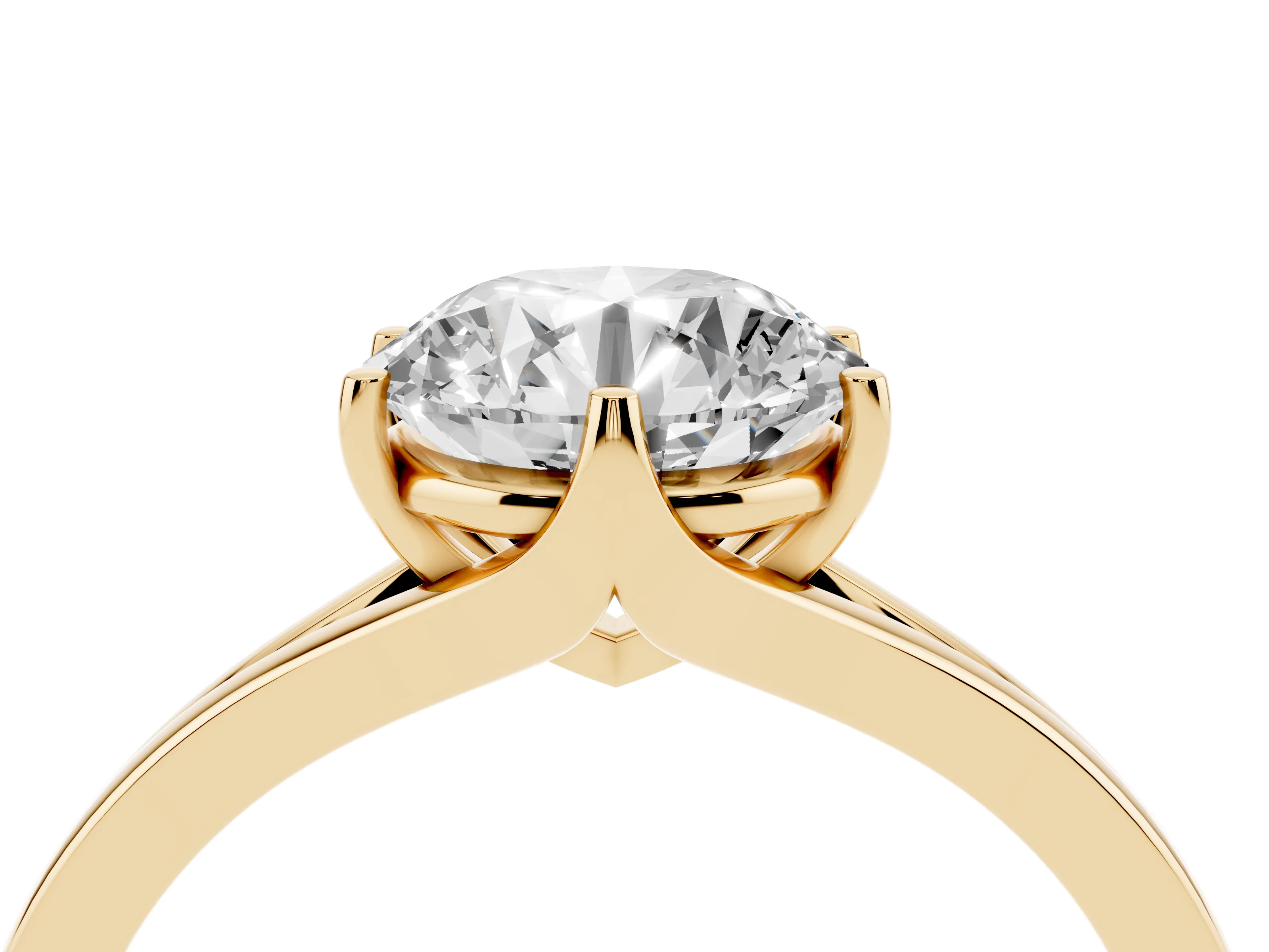 Round Cut Diamond Solitaire Ring Set in Yellow gold with Polished Tapered Band and Prong Setting
