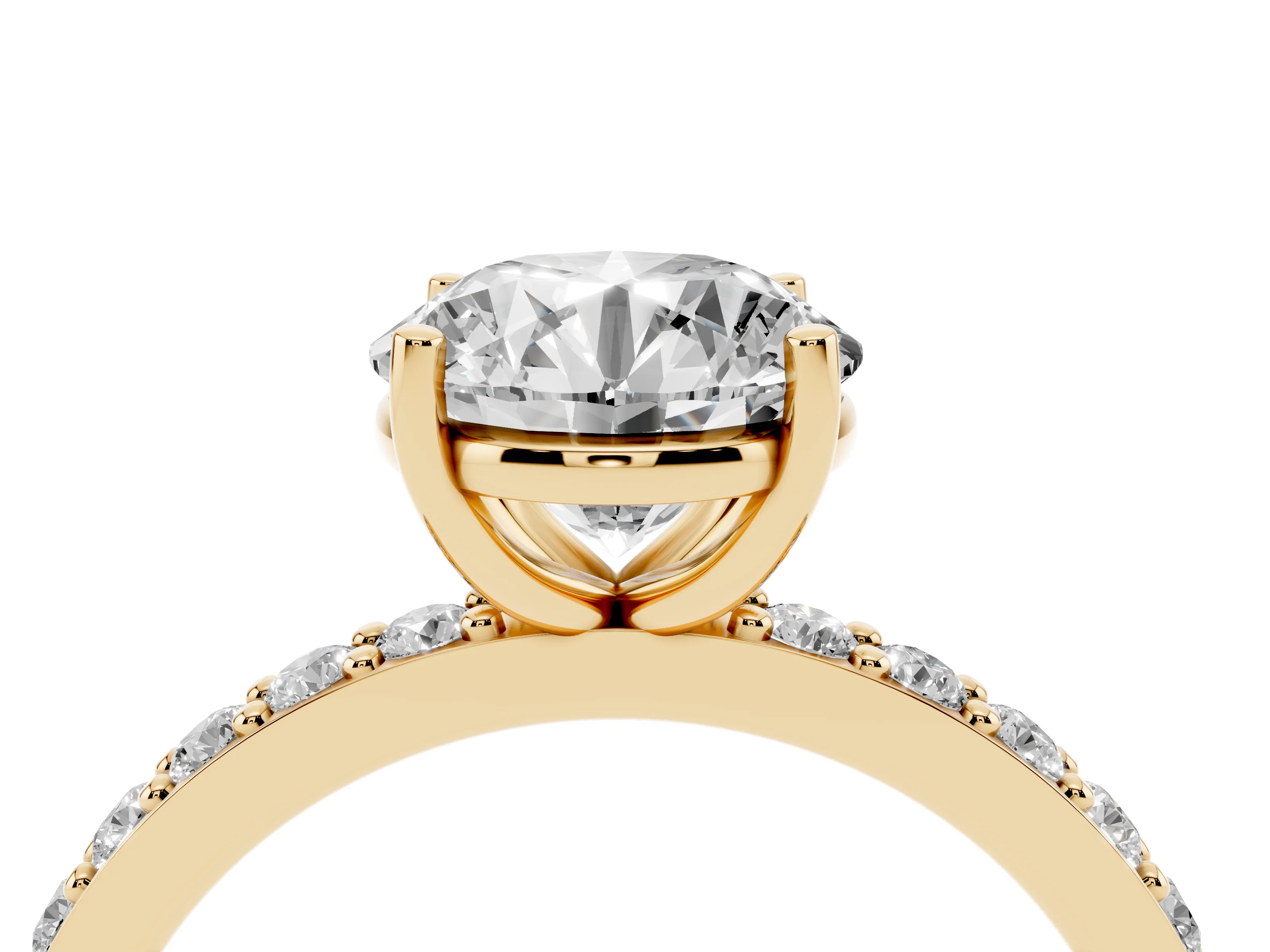 Round Cut Diamond Solitaire Set in Yellow gold with Round Pavé Band and Prong Setting