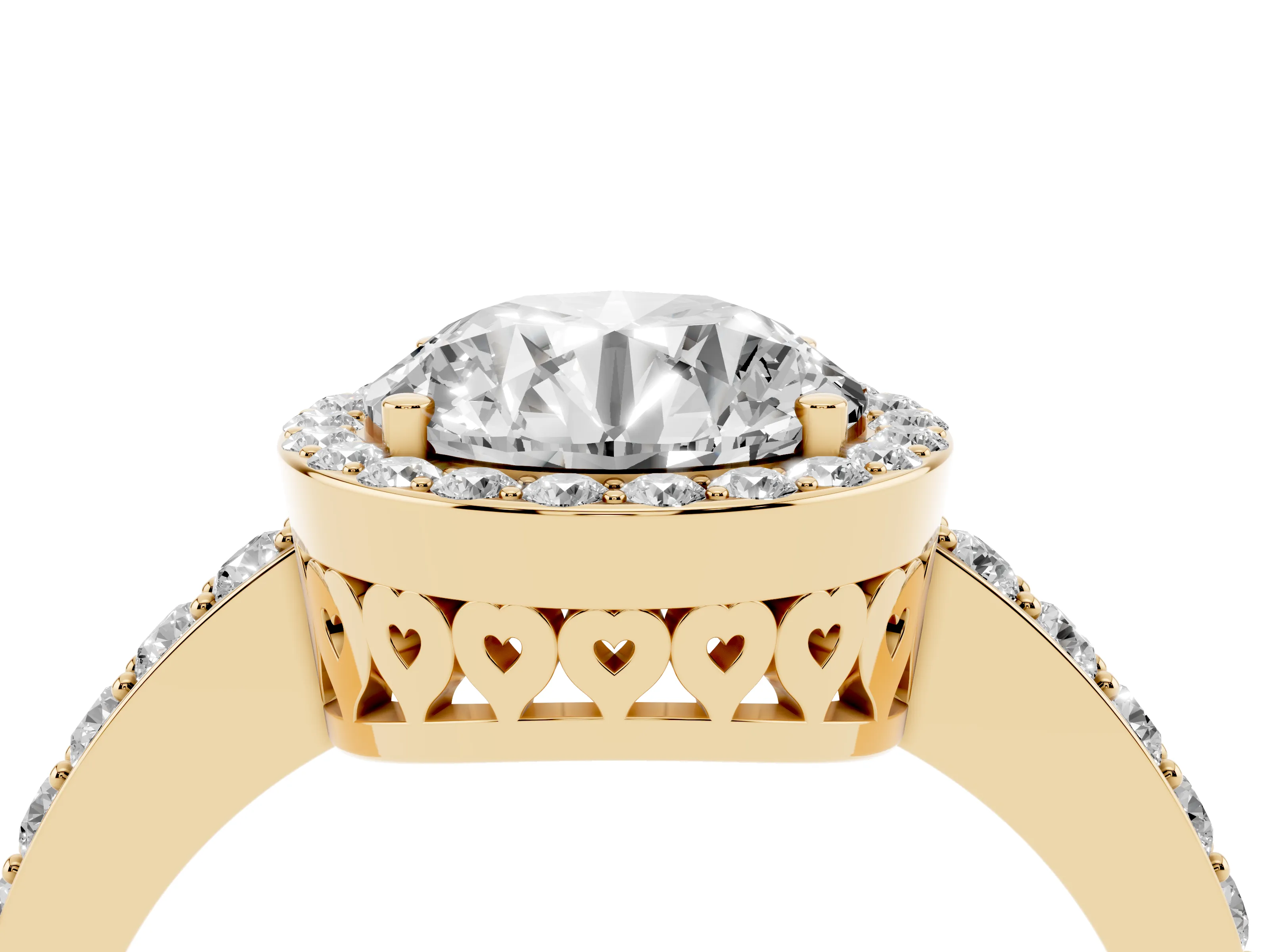 Round Cut Diamond Halo Ring Set in Yellow gold with Pavé-Setting Band and Open Prong Center