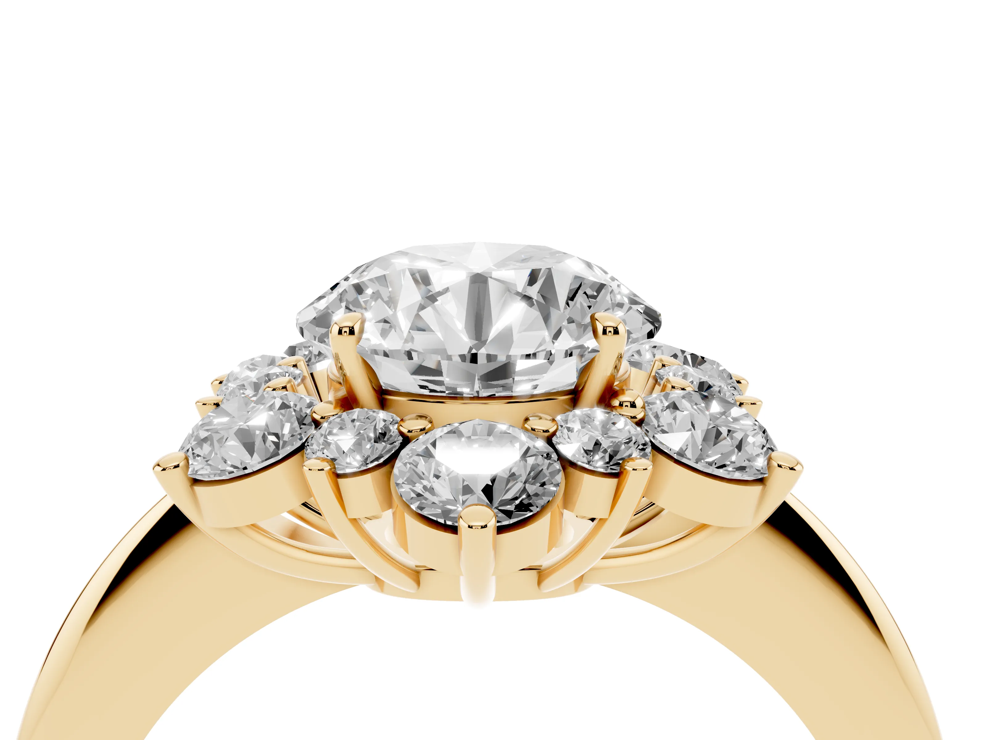 Round Cut Diamond Cluster Halo Ring Set in Yellow gold with Solitaire Band and Prong Setting