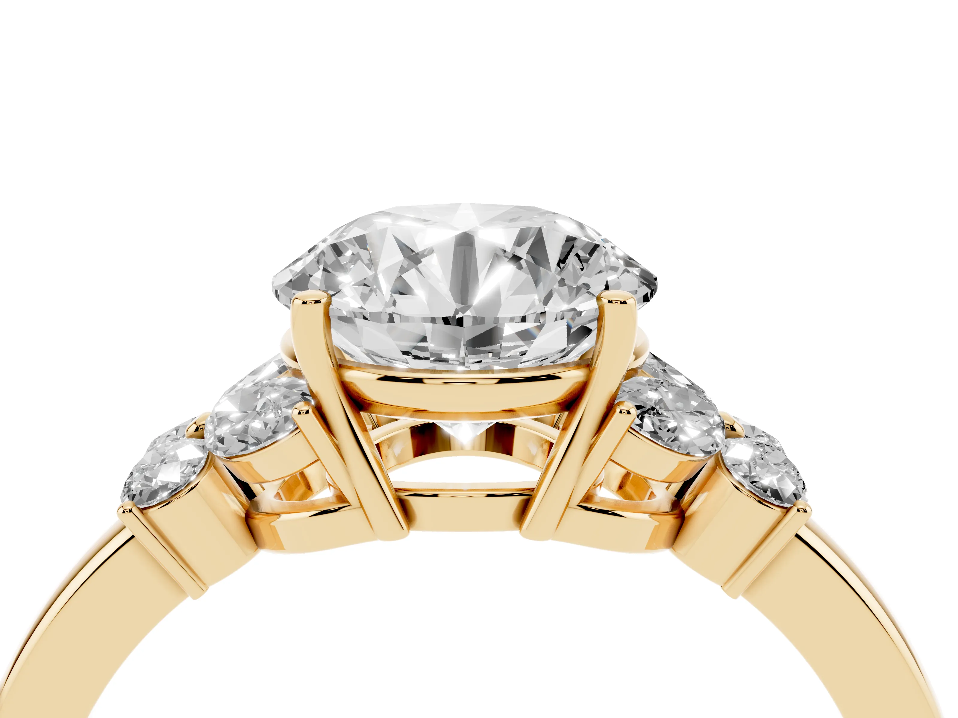 Round Cut Diamond Solitaire Floral Ring Set in Yellow gold with Marquise Petals and Prong Setting
