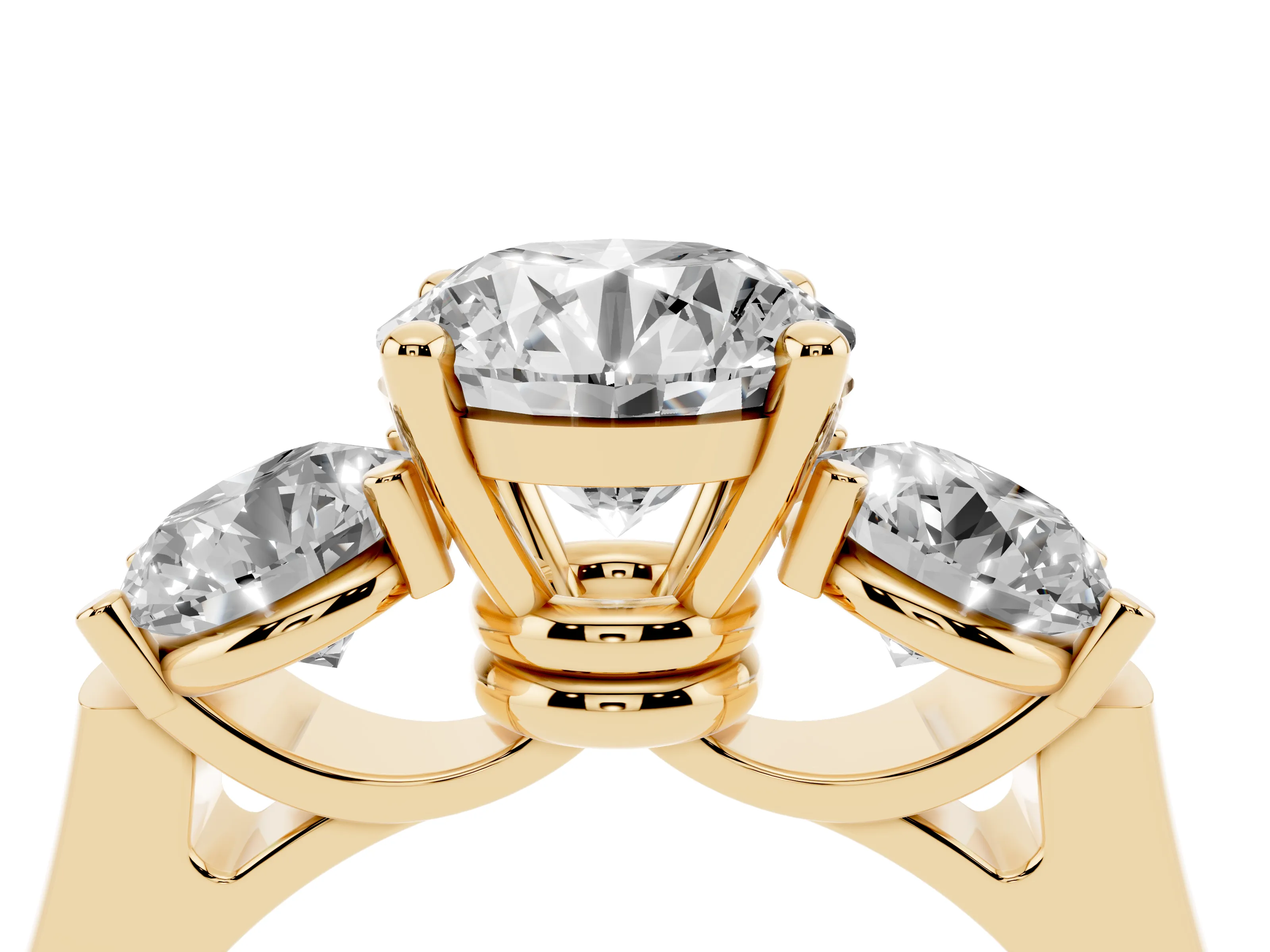 Round Cut Diamond Three-Stone Trellis Ring Set in Yellow gold with Comfort Fit Band
