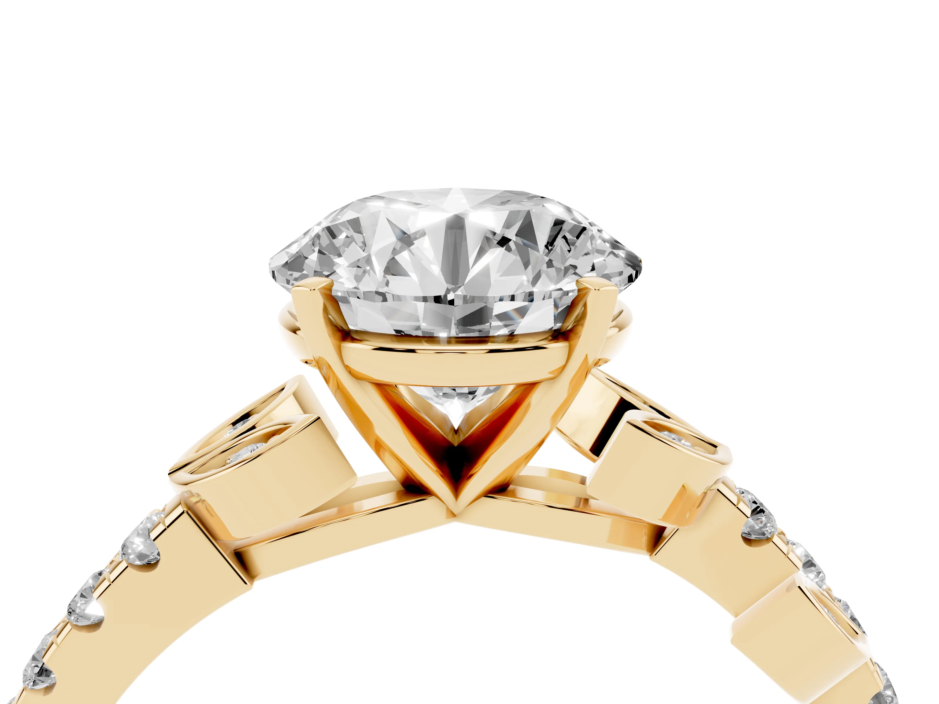 Round Cut Diamond Solitaire Leaf-Inspired Ring Set in Yellow gold with Pavé Band and Prong Setting