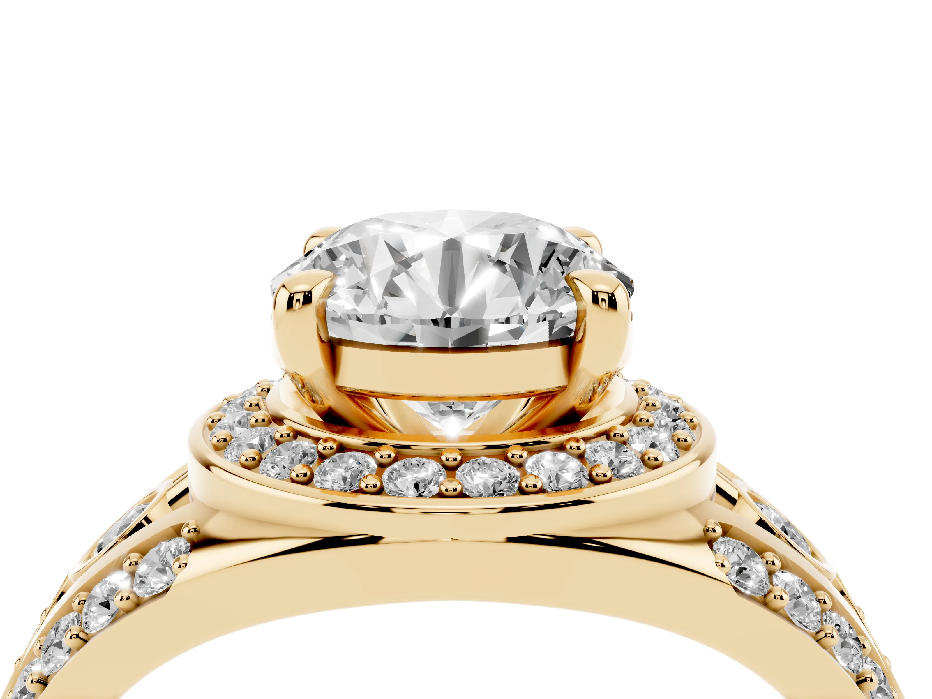 Round Cut Diamond Halo Ring Set in Yellow gold with Pavé Split Shank and Bezel Accents