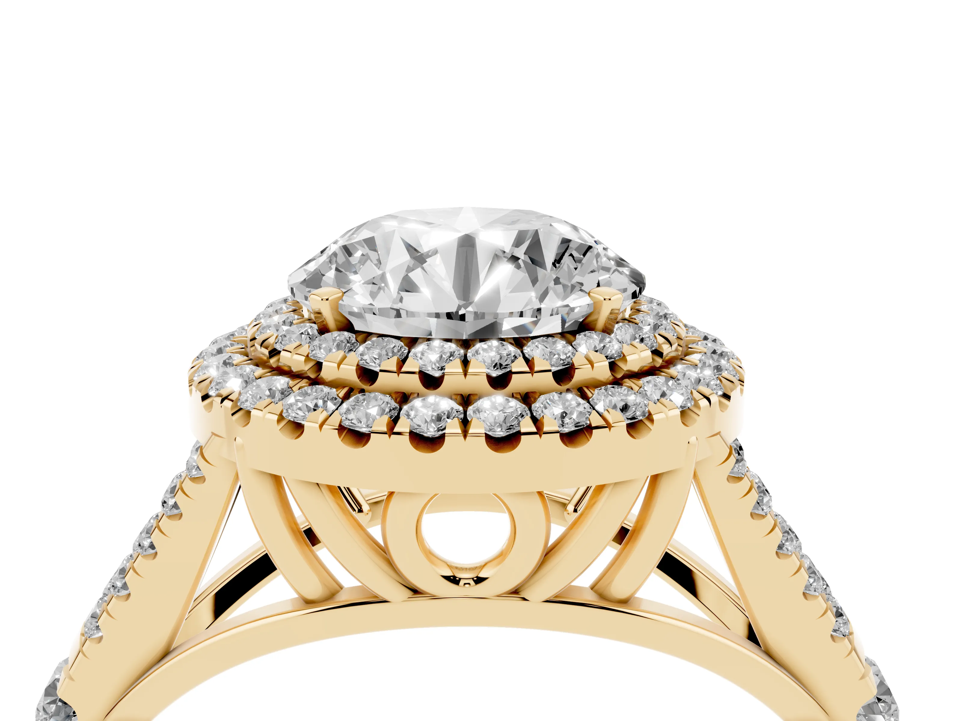 Round Cut Diamond Pavé Split Shank Double Halo Engagement Ring Set in Yellow gold
