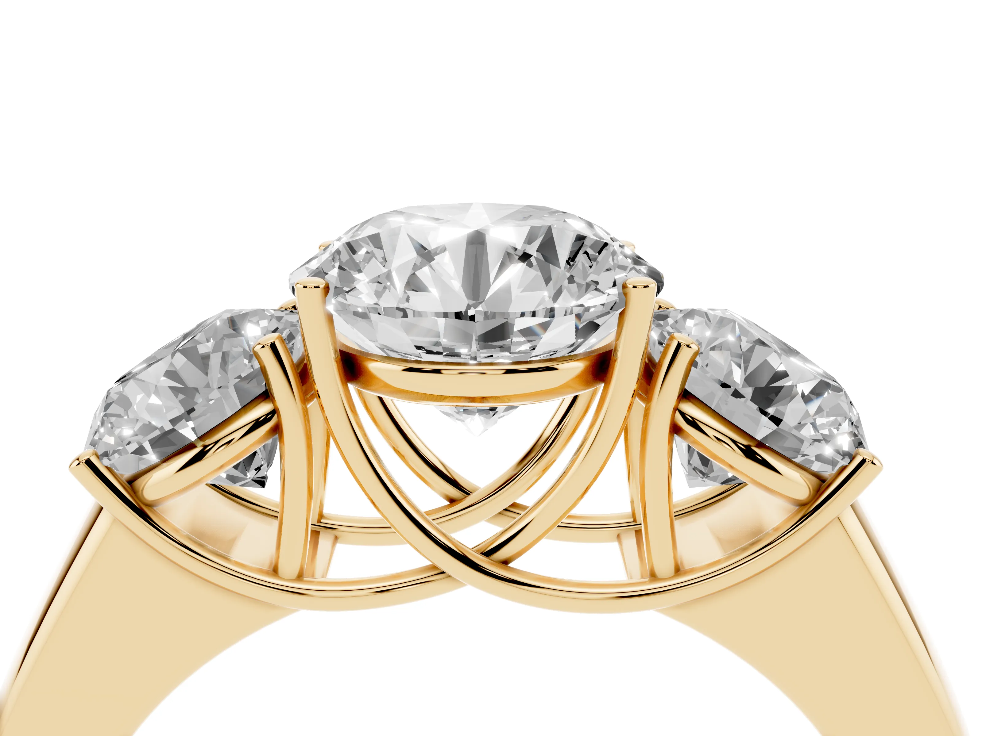 Three-Stone Round Cut Diamond Ring Set in Yellow gold with Matching Prong Settings and Plain Band