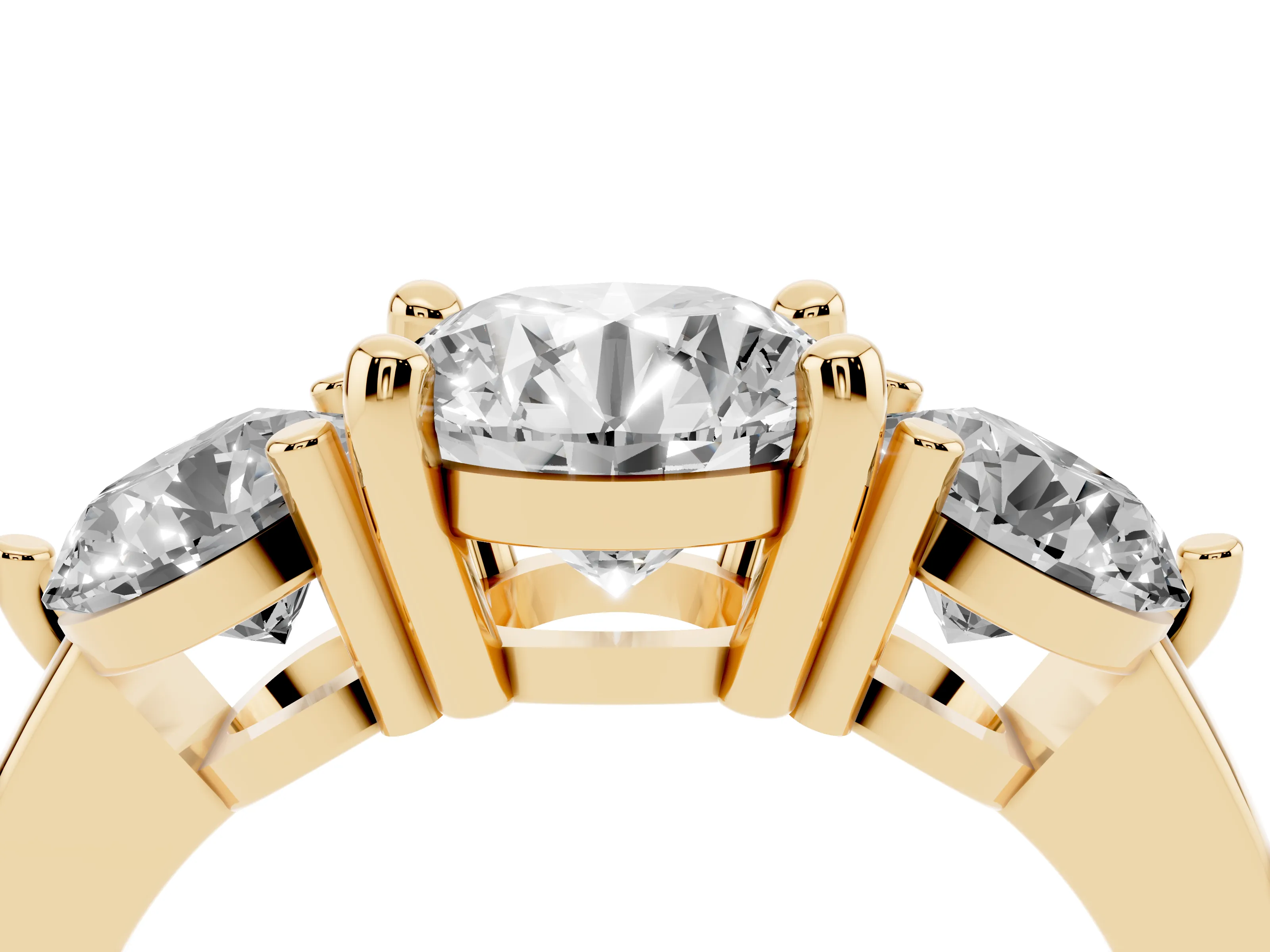 Round Cut Diamond Three-Stone Ring Set in Yellow gold with Prong Setting and Classic Band