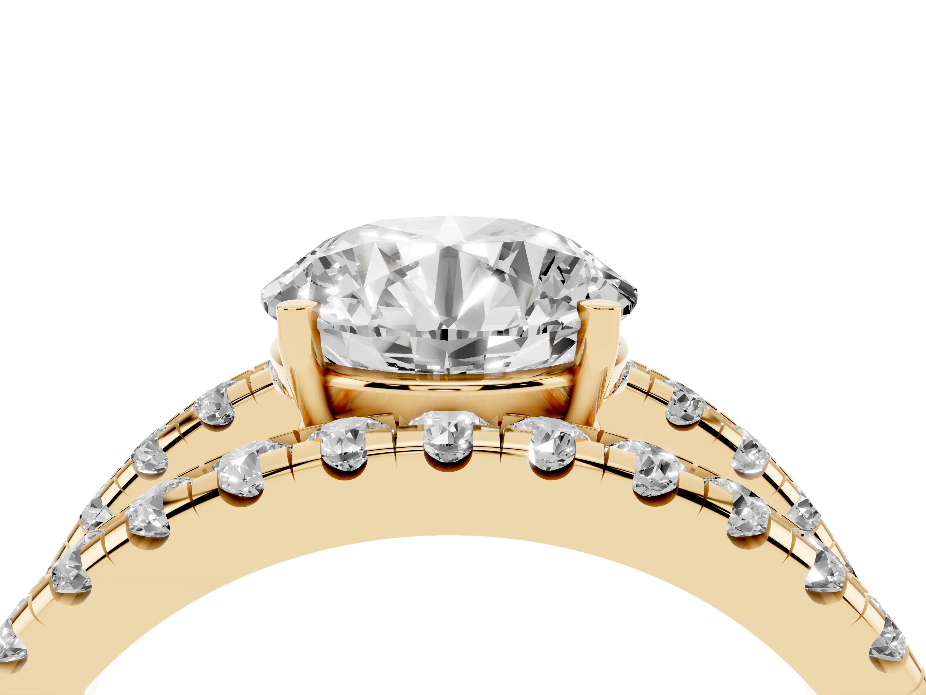 Round Cut Diamond Split Shank Pavé Solitaire Ring Set in Yellow gold with Open Shank Design