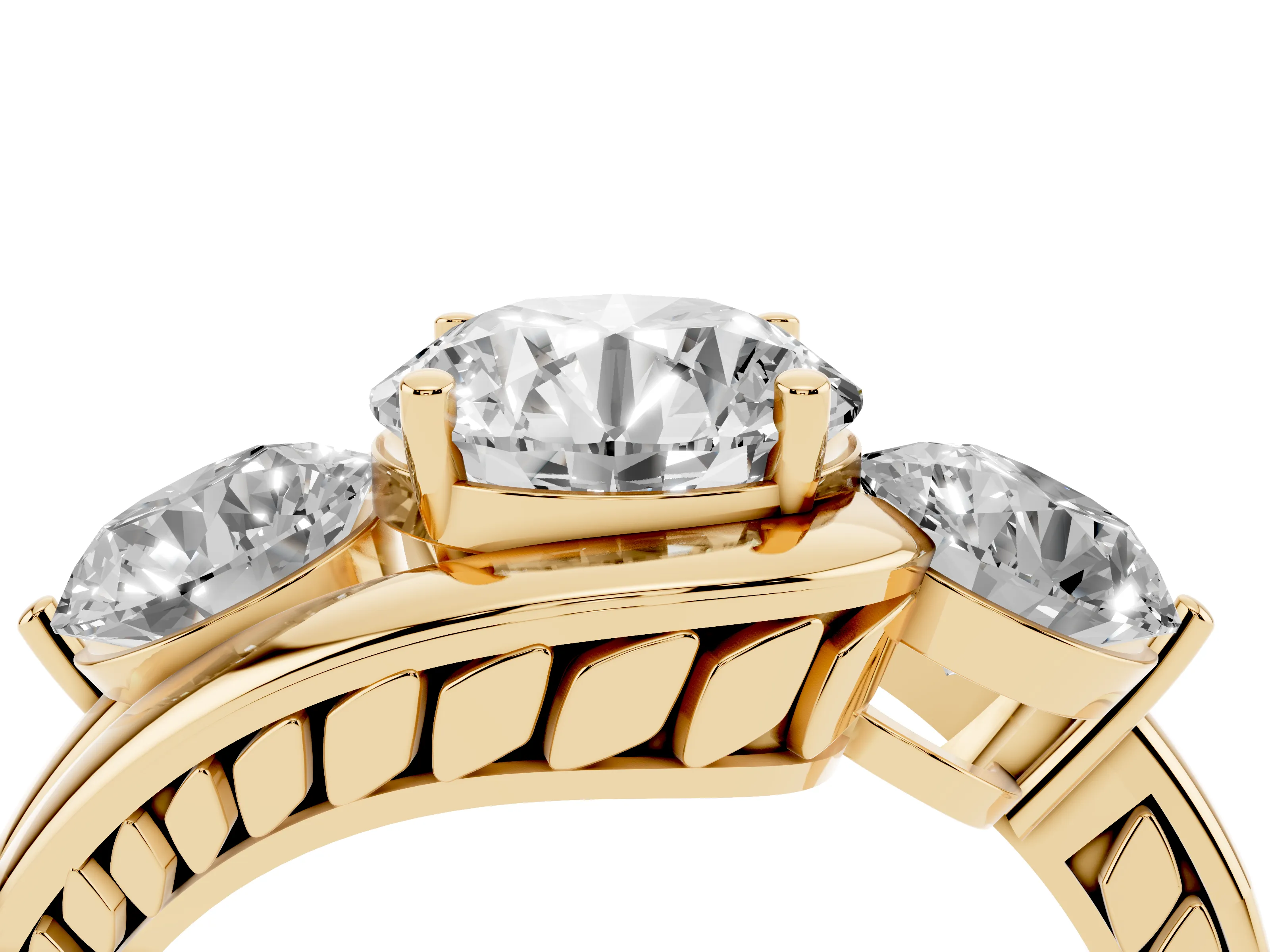 Round Cut Diamond Three-Stone Ring Set in Yellow gold with Plain Split Shank
