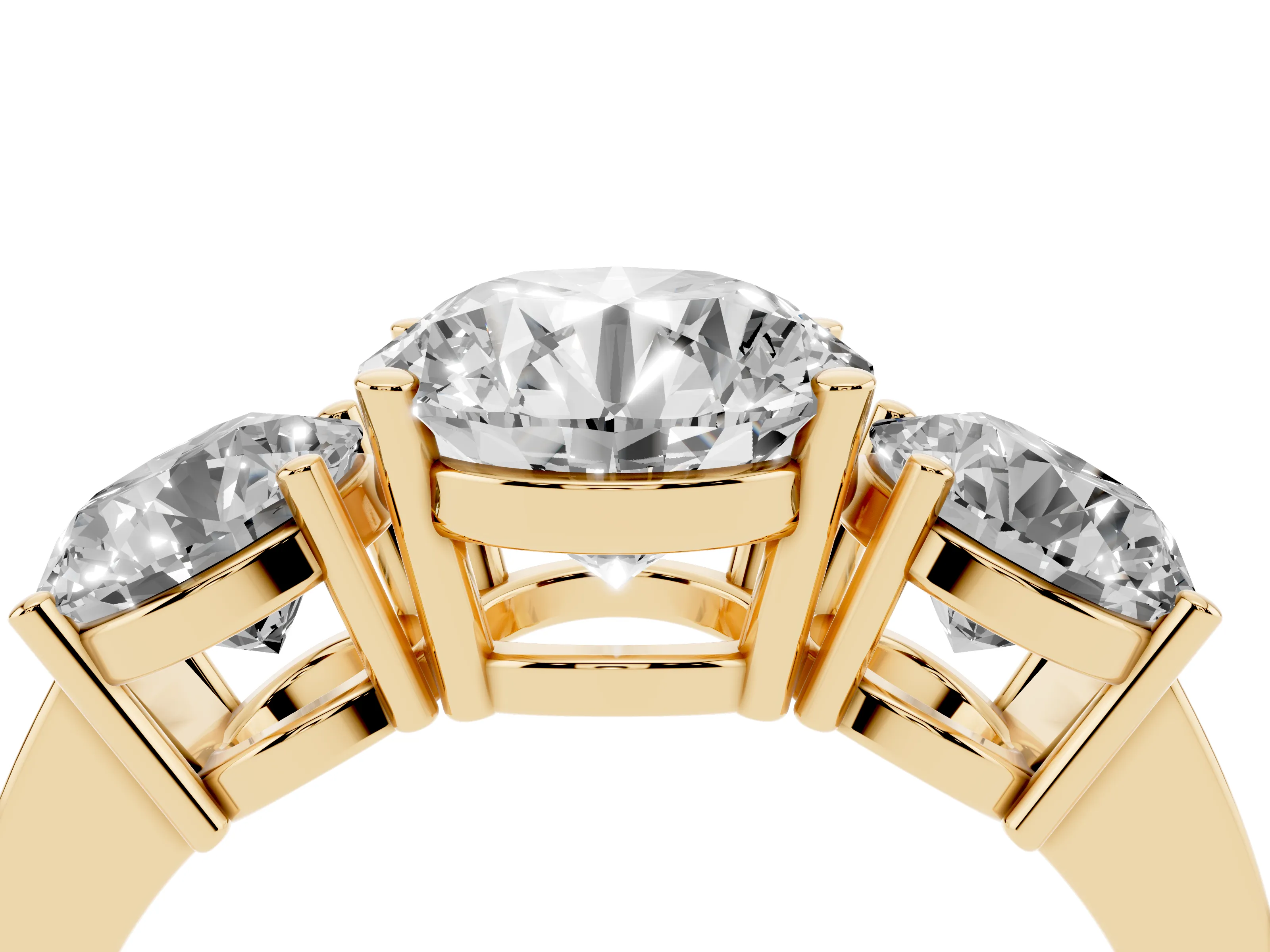 Round Cut Diamond Three-Stone Engagement Ring Set in Yellow gold with Flat Band