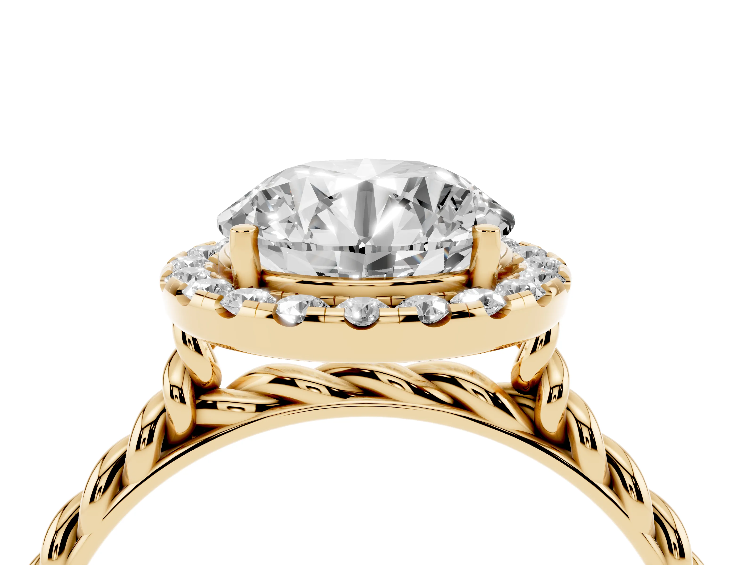 Round Cut Diamond Halo Ring Set in Yellow gold with Plain Twisted Band
