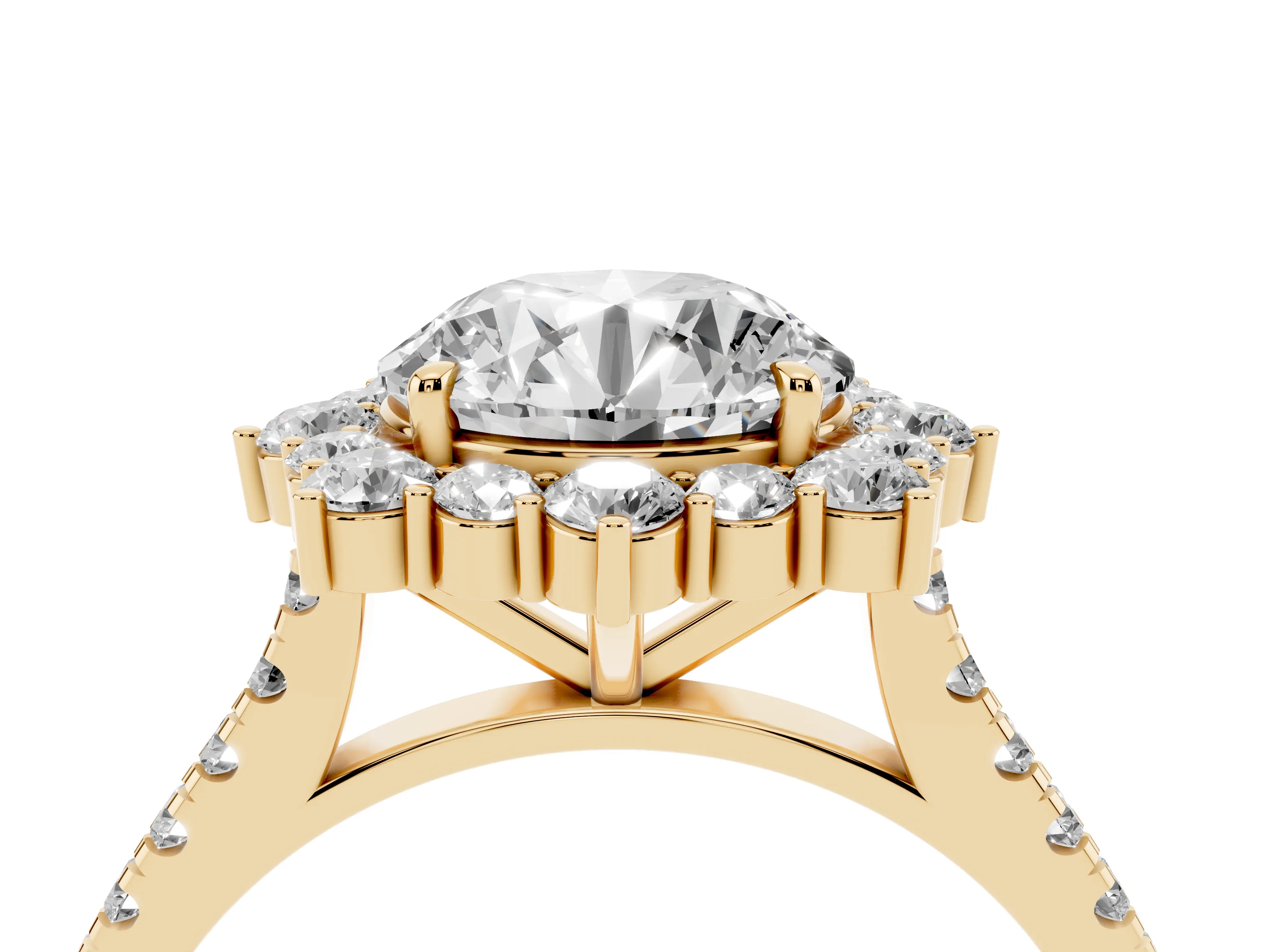 Round Cut Diamond Halo Ring Set in Yellow gold with Pavé Band and Prong Setting